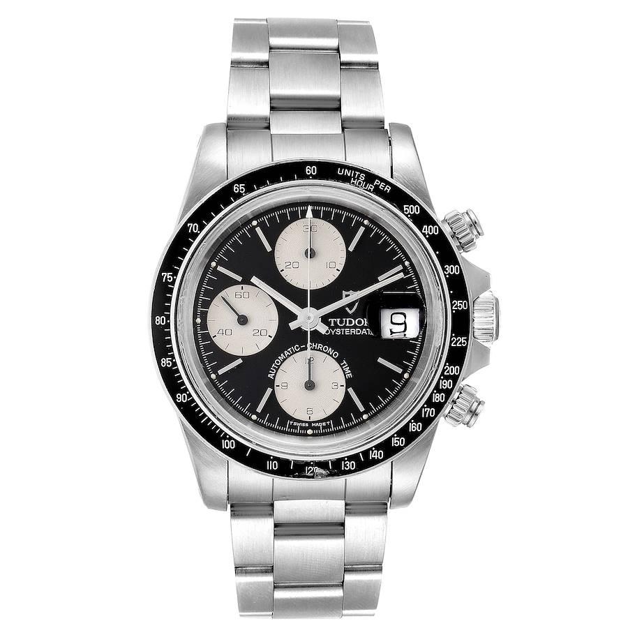 Tudor Big Block Black Dial Steel Vintage Mens Watch 79160 Box Papers. Automatic self-winding movement. Caliber T 7750, rhodium-plated, 17 jewels, straight-line lever escapement, monometallic balance, shock absorber, selfcompensating flat balance