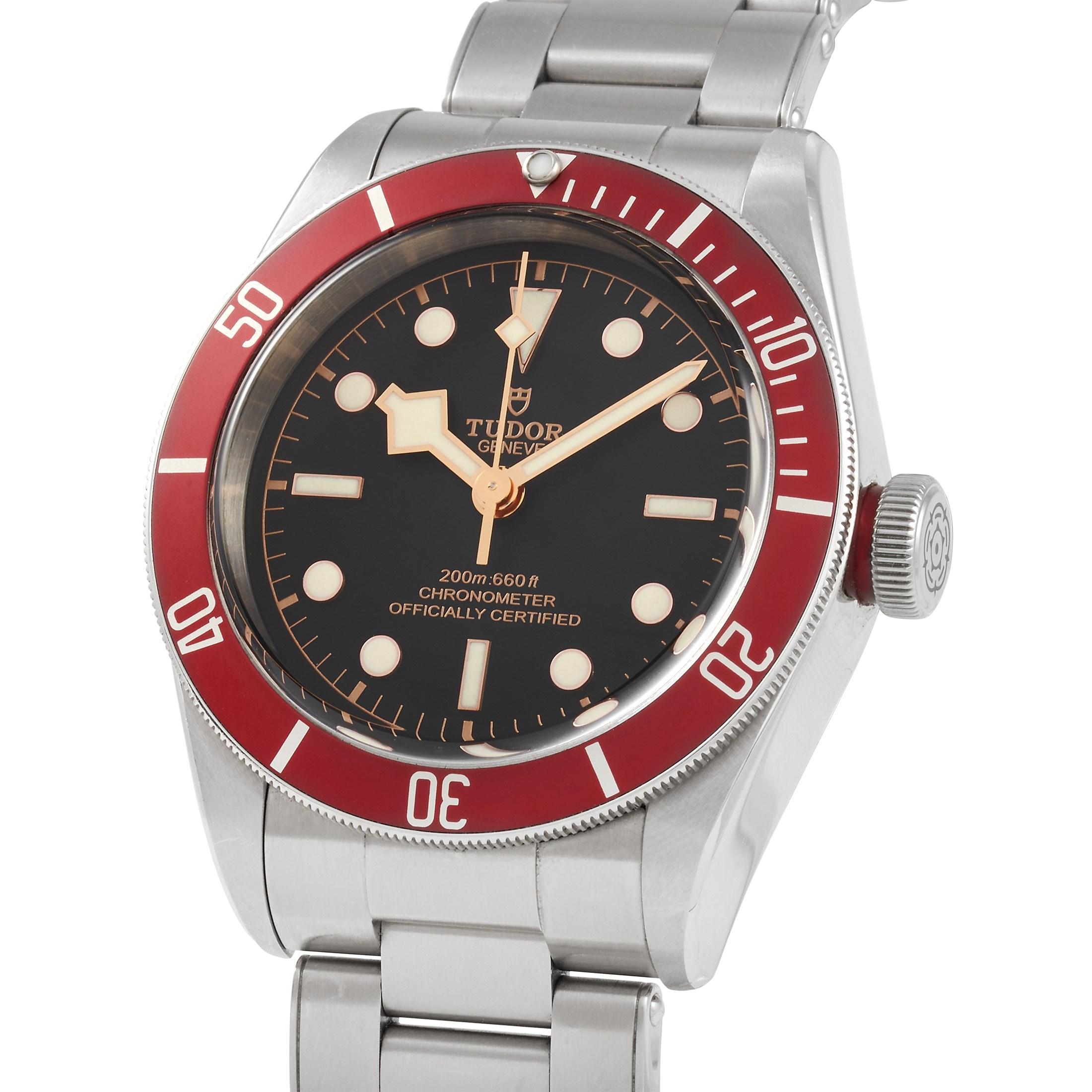 The Tudor Heritage Black Bay Watch, reference number 79230R, is a timepiece filled with special details. A red bezel and a black dial make this a bold, contemporary piece that sets itself apart for all the right reasons.

With a round 41mm case