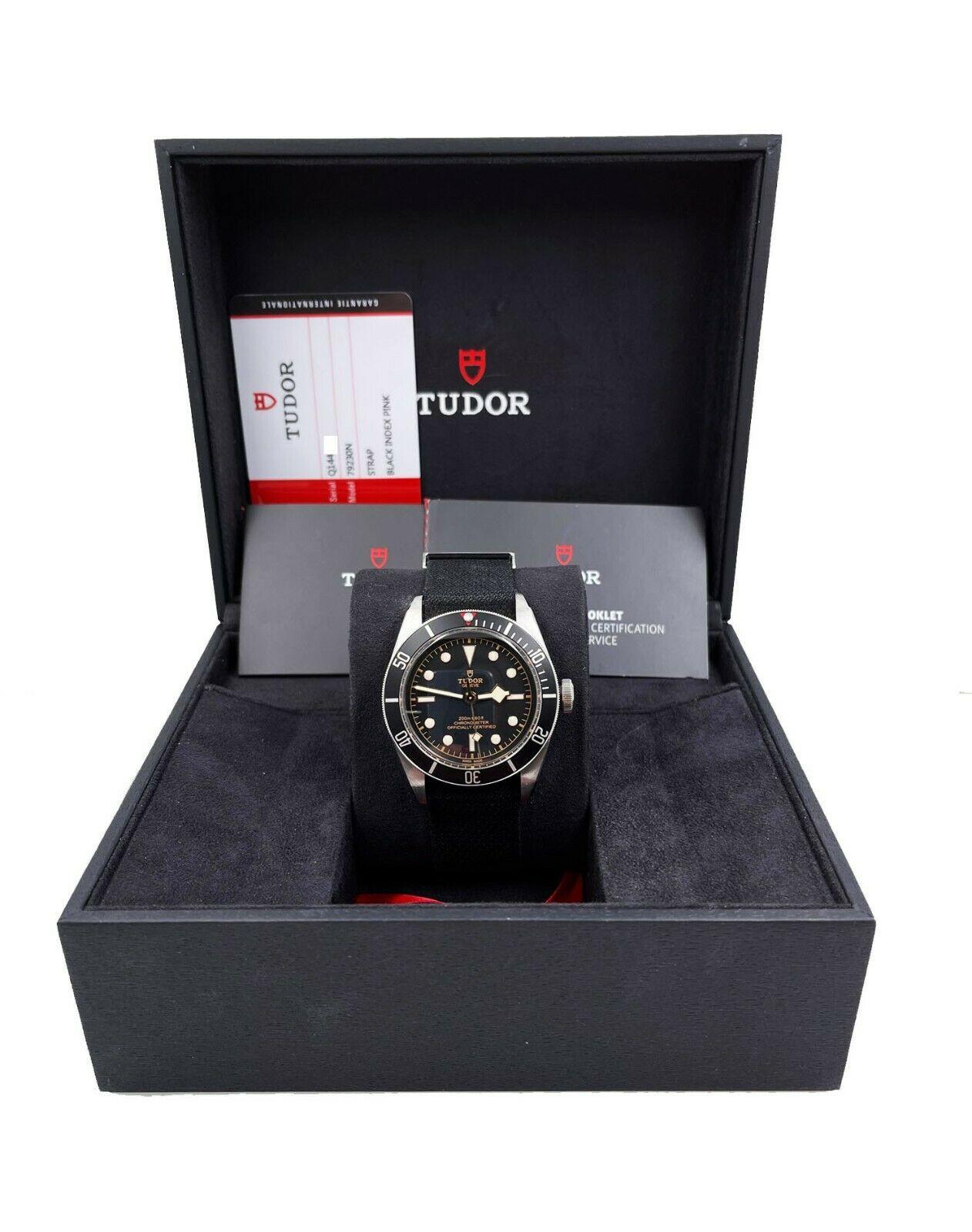 Model Number: 79230N

 

Serial: Q144***


Year: 2019

 

Model: Black Bay

 

Case Material: Stainless Steel

 

Band: Fabric

 

Bezel:  Black

 

Dial: Black

 

Face: Sapphire Crystal 

 

Case Size: 41mm

 

Includes: 

-Tudor Box &