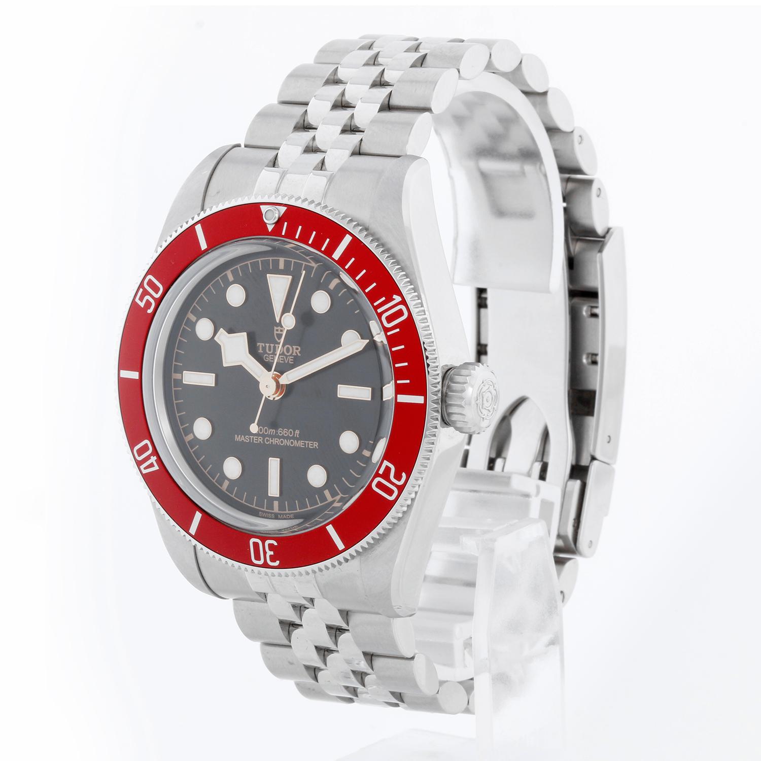 Tudor Black Bay Burgundy Men's Stainless Steel Watch 7941A1A0RU - Automatic winding. Stainless steel case with rotating bezel; burgundy bezel insert (41mm diameter). Black dial with luminous-style hour markers. Steel Jubilee bracelet with spring