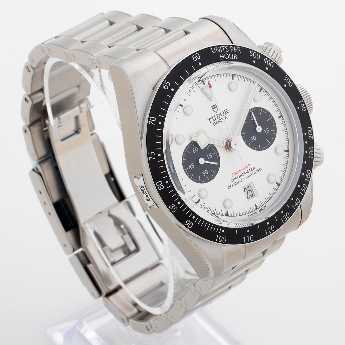 One of the most in demand watches today, our Tudor Black Bay chronograph , reference 79360, features the more desirable white panda dial, stainless steel 41mm case and bracelet. Unworn/ new, this Tudor comes with all stickers intact, and with inner