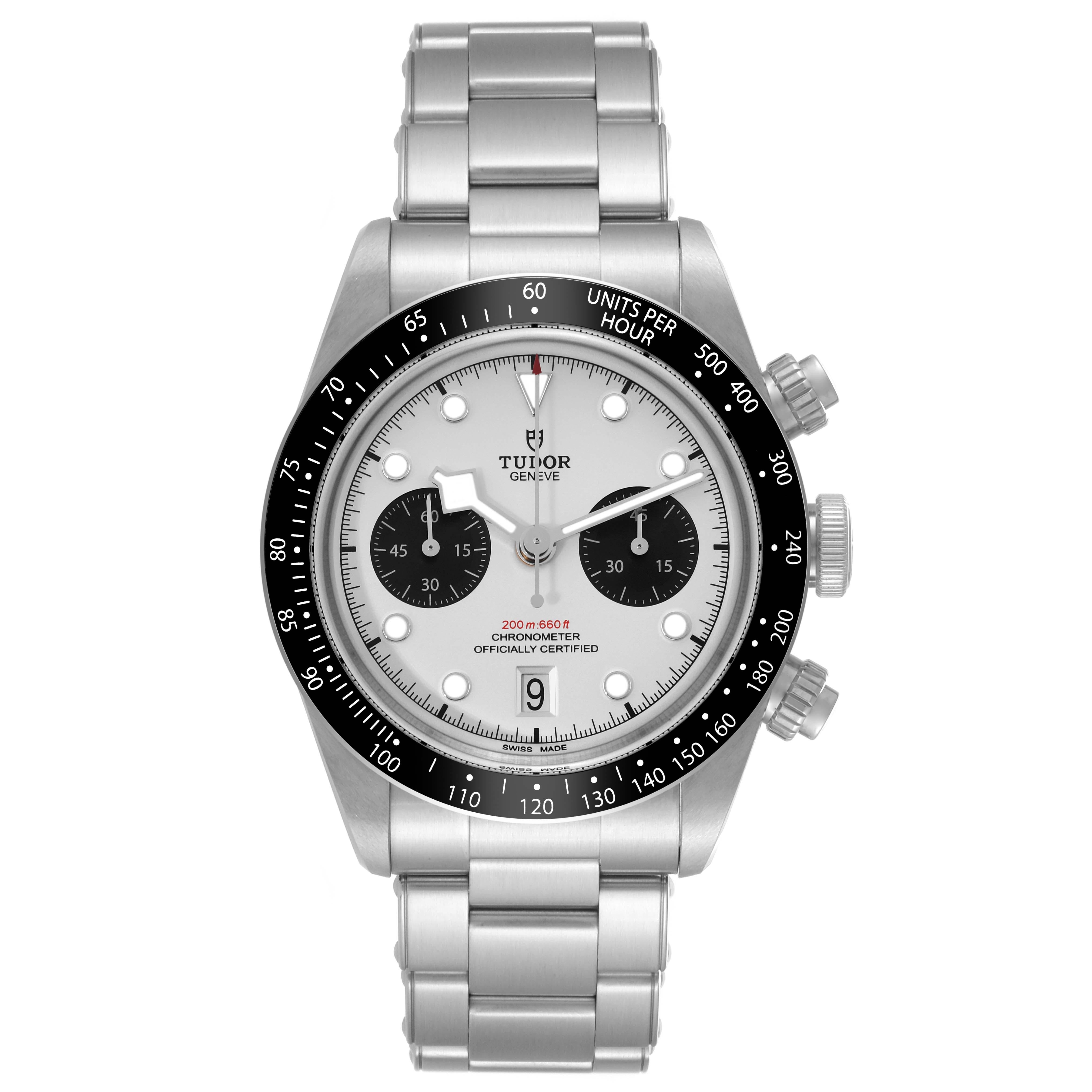 Tudor Black Bay Chronograph Panda Dial Steel Mens Watch 79360 Box Card. Automatic self-winding chronograph movement. Stainless steel oyster case 41 mm in diameter. Tudor logo on the crown. Matte black aluminum bezel with a tachymeter scale. Scratch