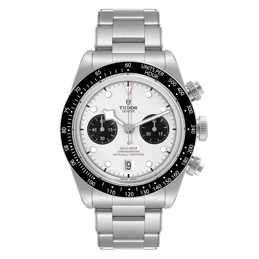 Tudor Black Bay Chronograph Panda Dial Steel Mens Watch 79360 Box Papers. Automatic self-winding chronograph movement. Stainless steel oyster case 41 mm in diameter. Tudor logo on the crown. Matte black aluminum bezel with a tachymeter scale.