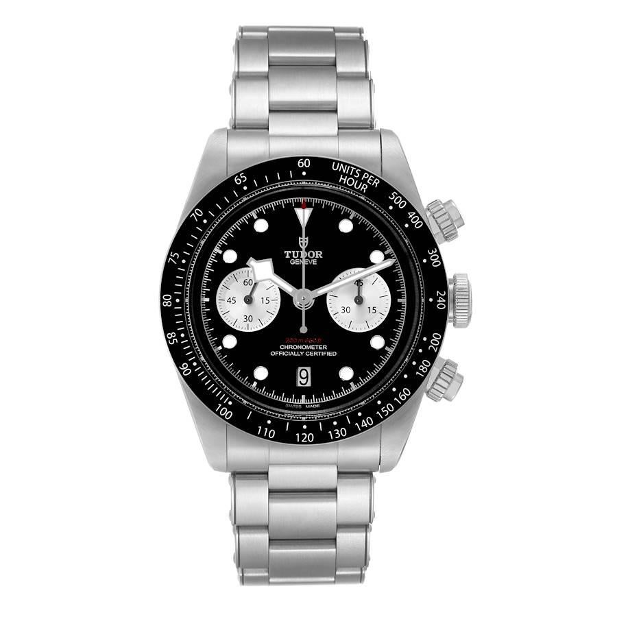 Tudor Black Bay Chronograph Reverse Panda Dial Steel Mens Watch 79360 Box Card. Automatic self-winding chronograph movement. Stainless steel oyster case 41 mm in diameter. Tudor logo on the crown. Black bezel insert with tachymeter scale. Scratch