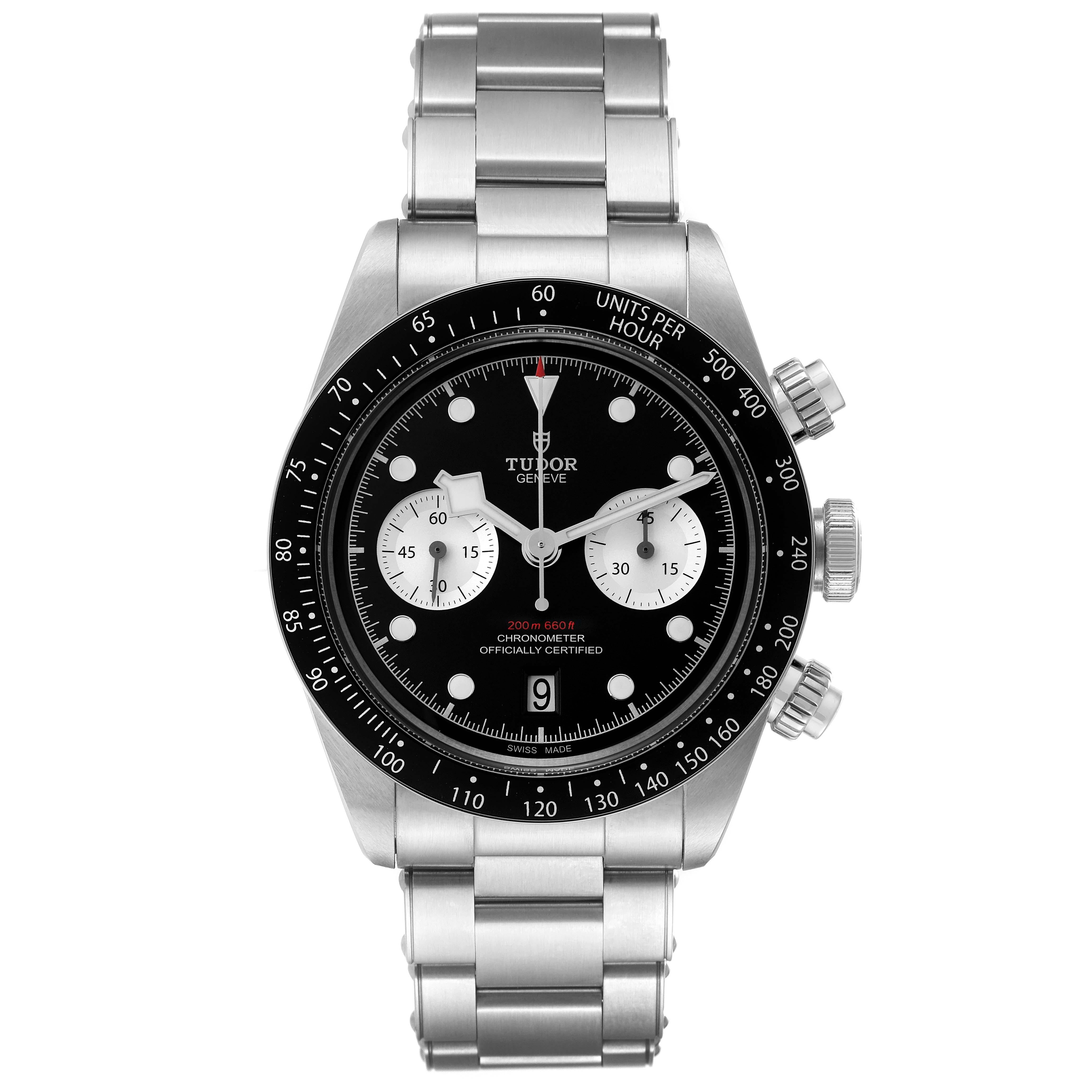 Tudor Black Bay Chronograph Reverse Panda Dial Steel Mens Watch 79360 Box Card. Automatic self-winding chronograph movement. Stainless steel oyster case 41 mm in diameter. Tudor logo on the crown. Black bezel insert with tachymeter scale. Scratch