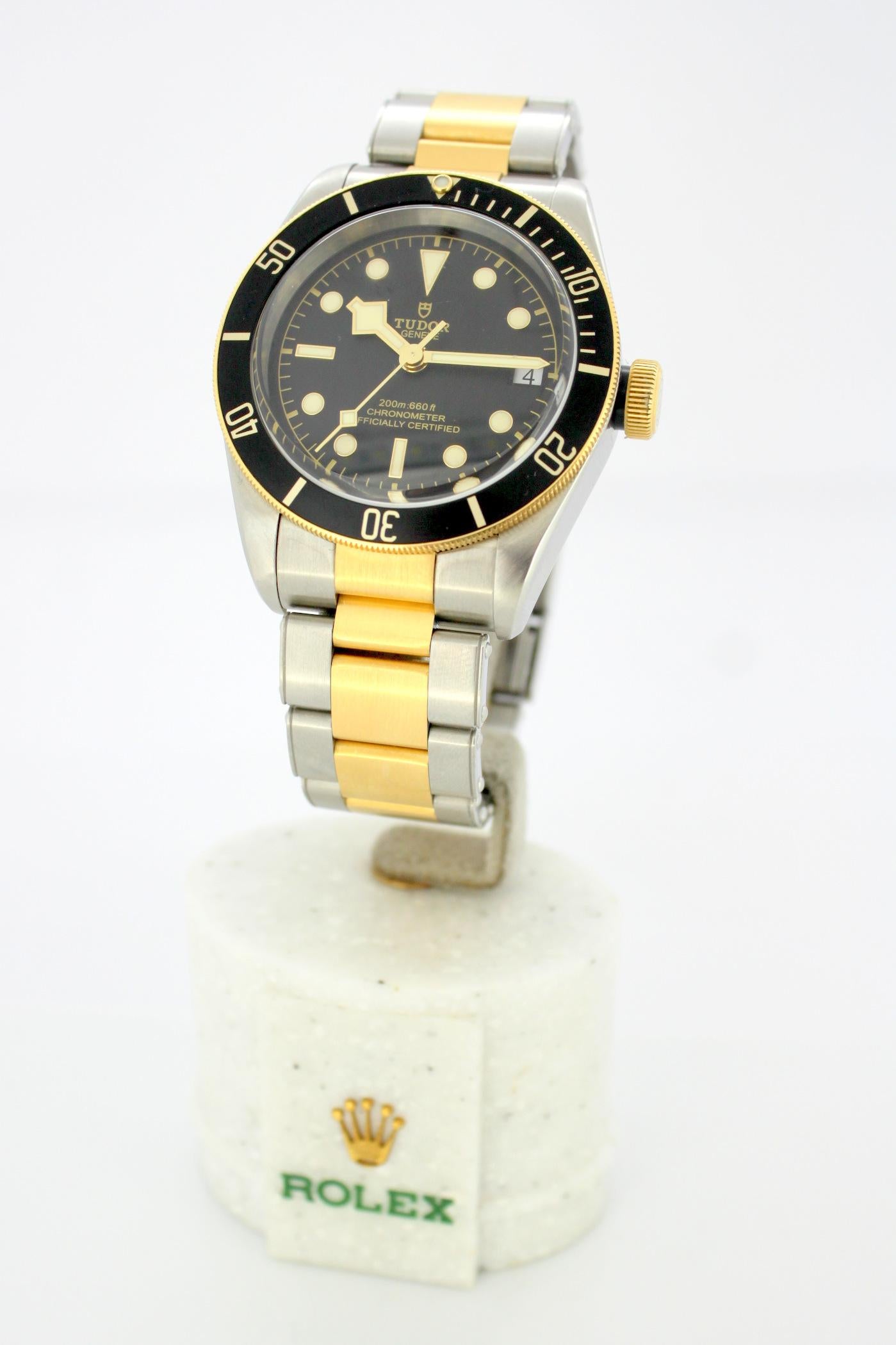 Tudor Black Bay Date Two Tone. 

Case Diameter : 41 mm 
Movement: Automatic 
Watchband Material: 18K Gold & Steel 
Case material : 18K Gold & Steel 
Display Type:	Analogue	
Age: 2017 
Glass : Sapphire Crystal 
Weight : 187 grams 
Wrist size : 20.5