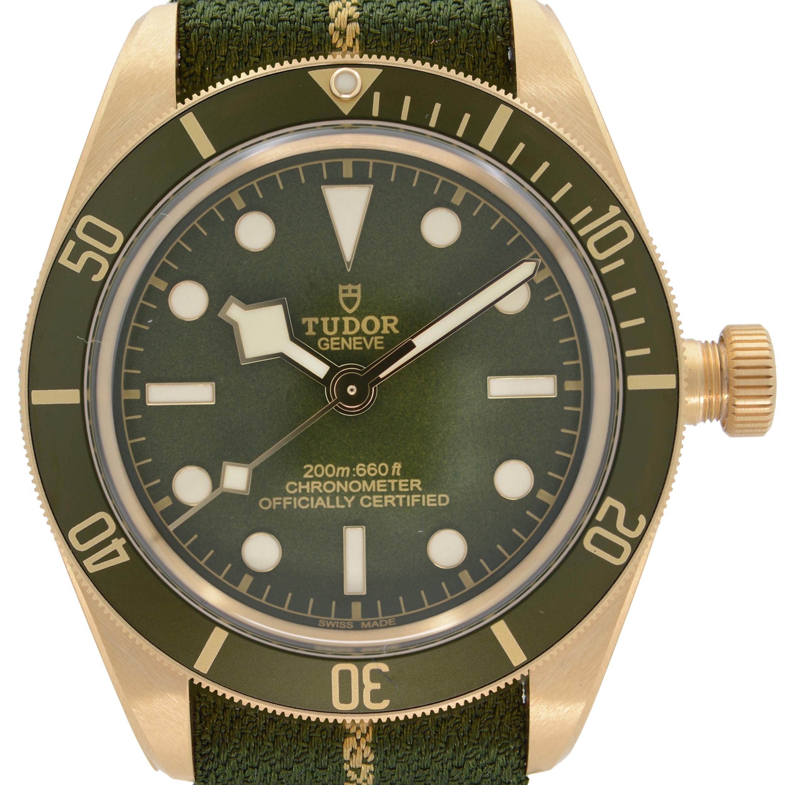 Brand New Fully Stickers.  Tudor Black Bay Fifty-Eight 18K Yellow Gold Green Dial Automatic Watch 79018V. This Beautiful Timepiece Features: 18k Yellow Gold Case with a Green Nylon Strap With a Gold Middle Line, Unidirectional 18k Gold Bezel with a