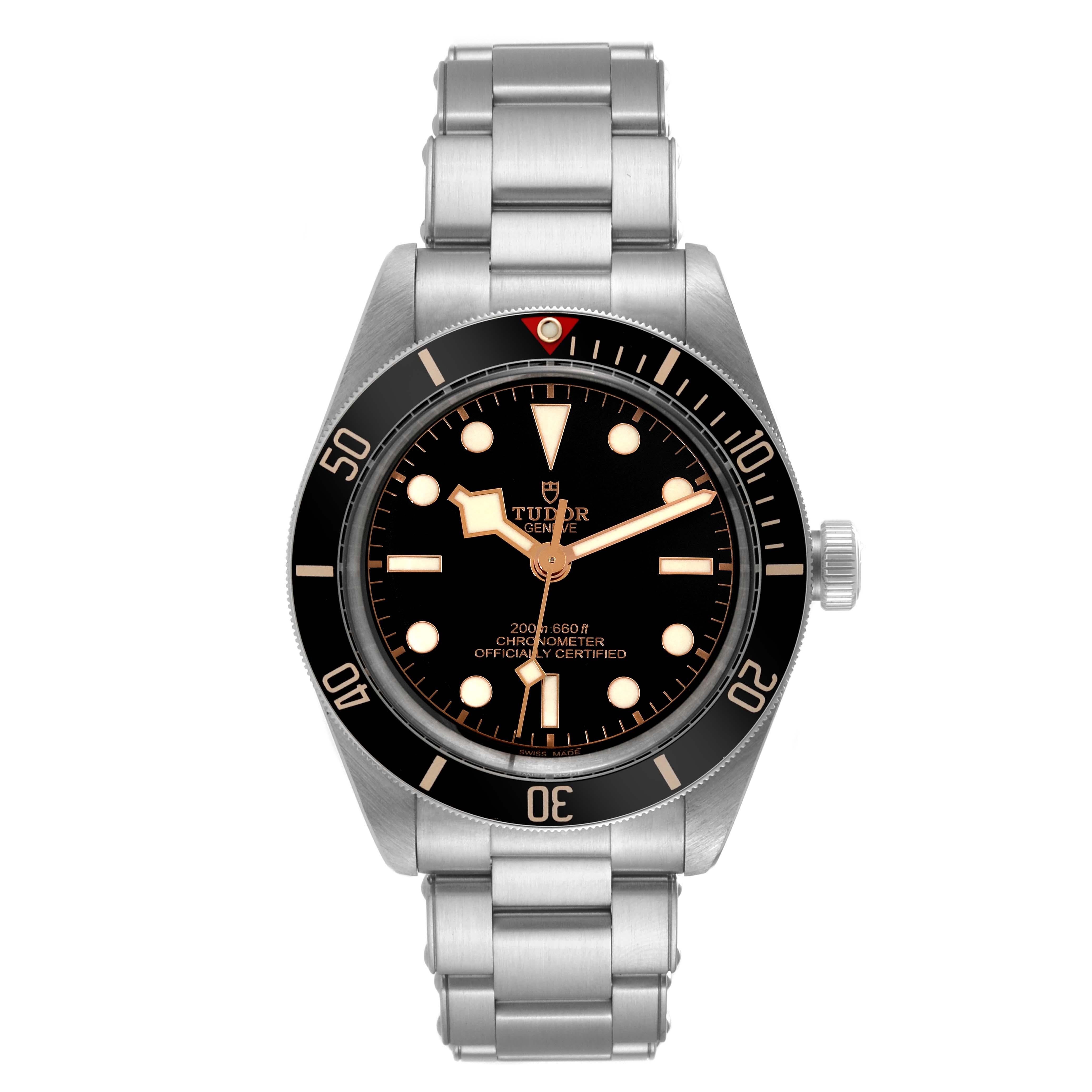Tudor Black Bay Fifty Eight 39mm Black Dial Steel Mens Watch 79030 Box Card. Automatic self-winding movement. Stainless steel oyster case 39.0 mm in diameter. Tudor rose logo on the crown. Stainless steel uni-directional rotating bezel with black