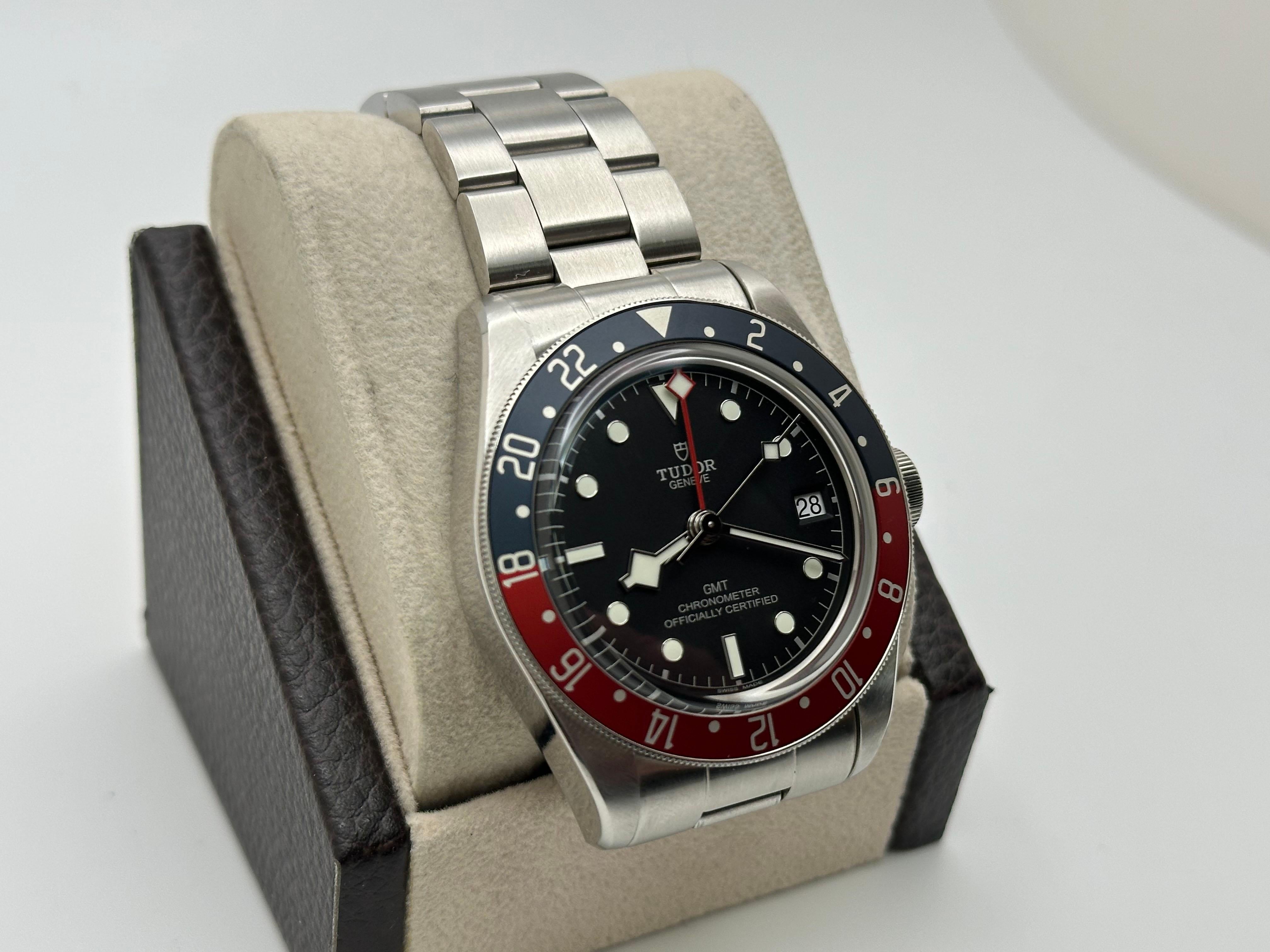 Style Number: 79830RB 



Serial: Q842***



Year: 2023

 

Model: Tudor Black Bay GMT 

 

Case Material: Stainless Steel 

 

Band: Stainless Steel 

 

Bezel: Pepsi - Red and Blue 

 

Dial: Black Dial 

 

Face: Sapphire Crystal 

 

Case Size: