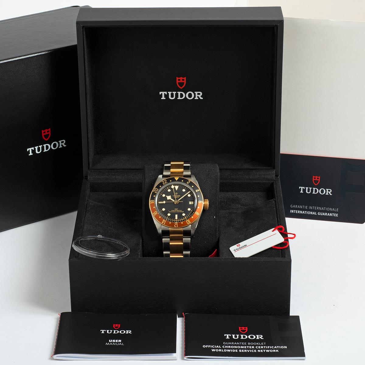 Our Tudor Black Bay GMT reference 79833 features a steel and gold 41mm case and bracelet with 