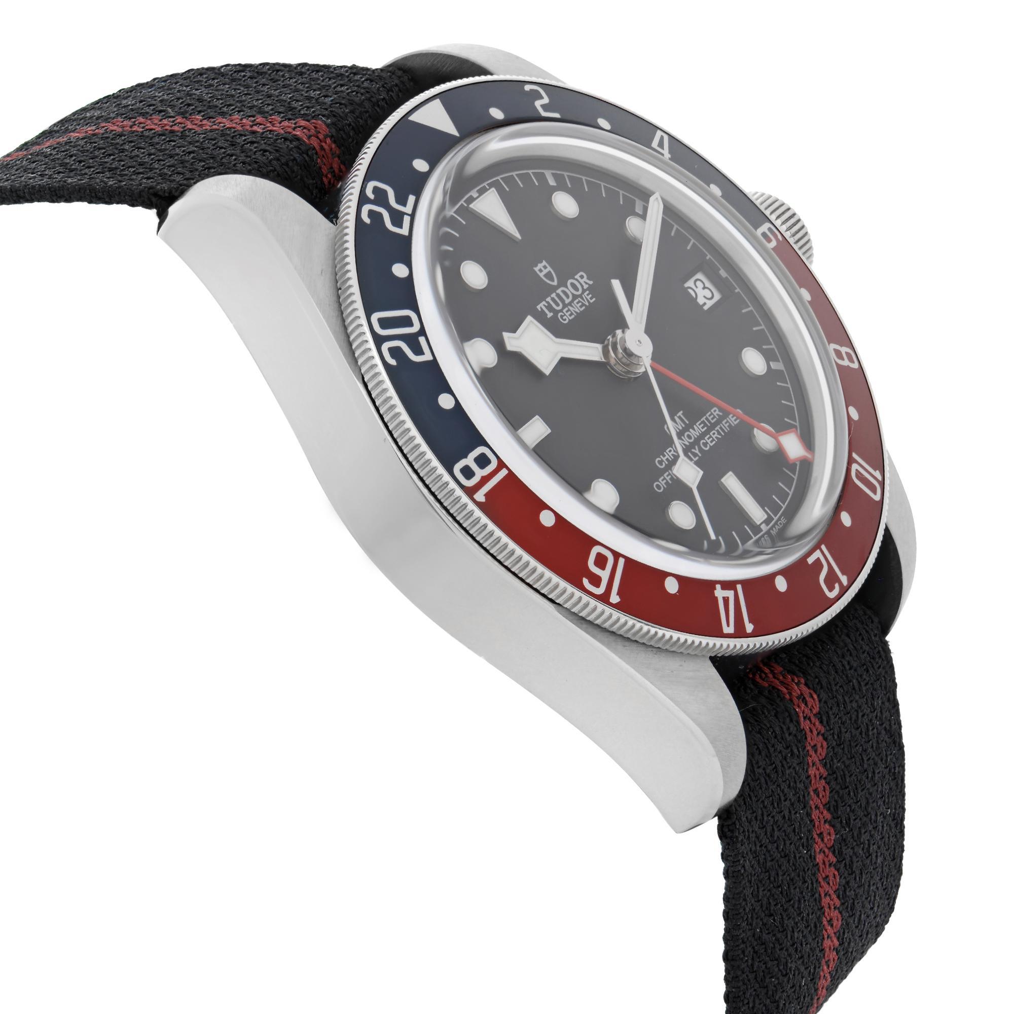 Tudor Schwarz Bay GMT Stahl Schwarzes Zifferblatt Nylonband Automatik-Herrenuhr 79830RB 1