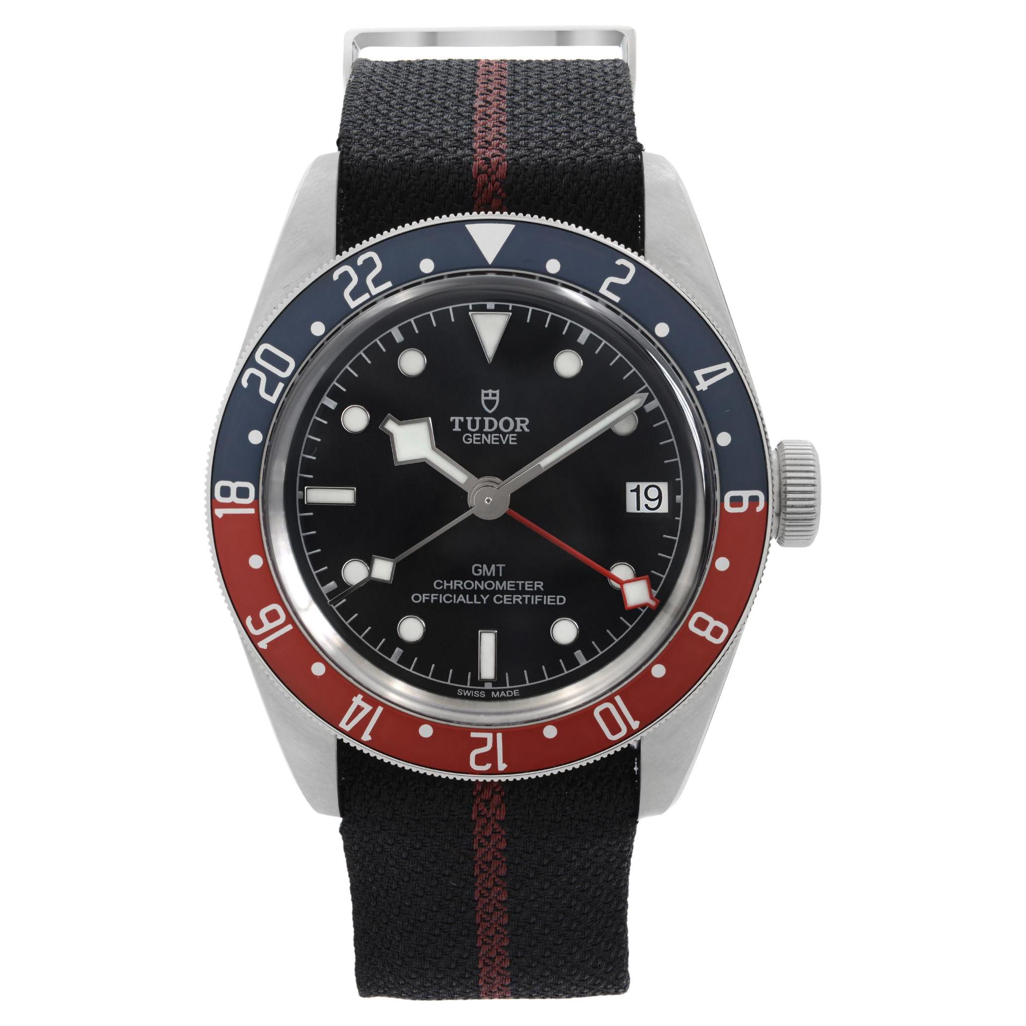 Tudor Schwarz Bay GMT Stahl Schwarzes Zifferblatt Nylonband Automatik-Herrenuhr 79830RB
