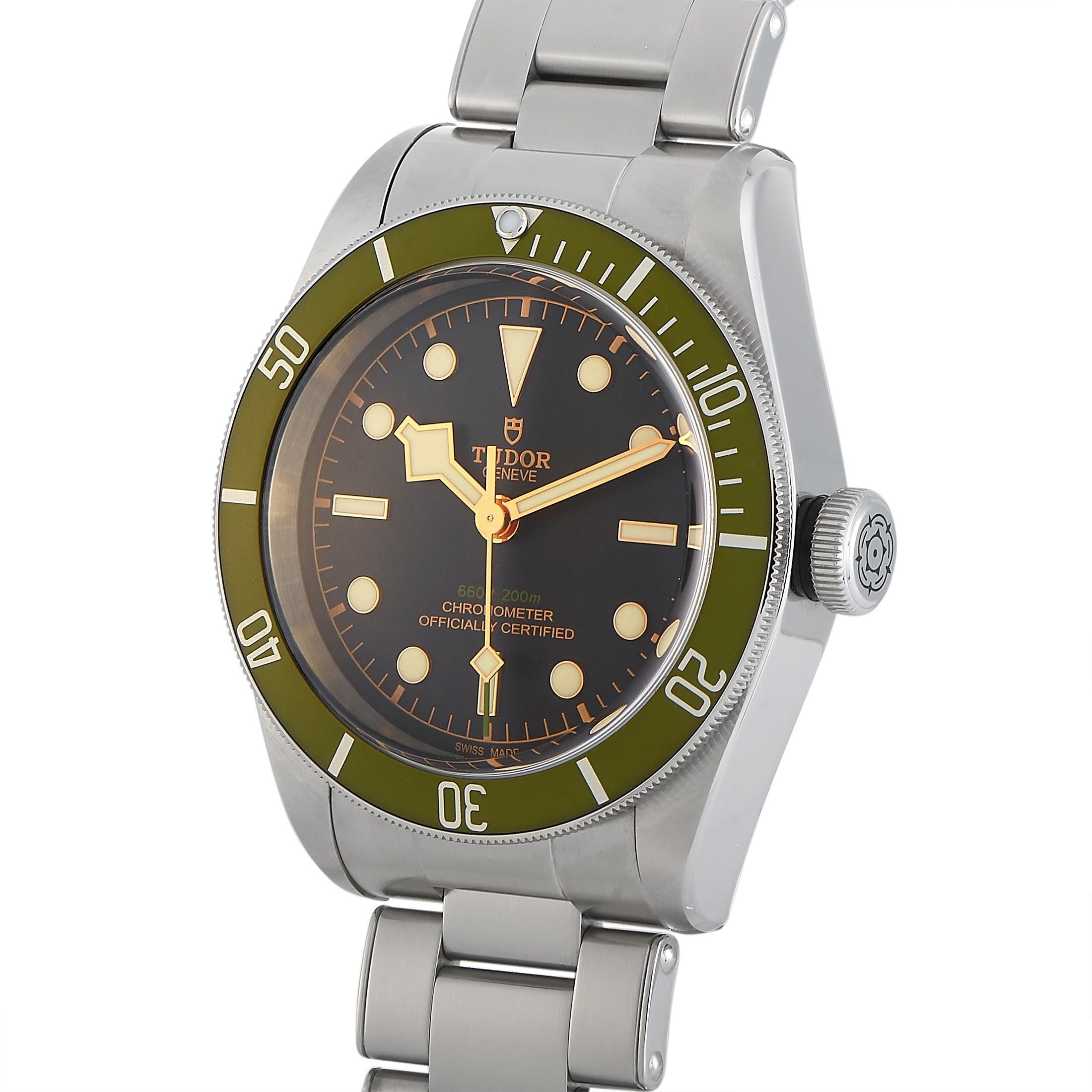 Obtainable only through Harrods Fine Watch Room in London, this Tudor Black Bay Harrods Edition Green Bezel Watch 792306 is offered in limited production. Here is one chance for you to own one. This timepiece features a unique olive green bezel that