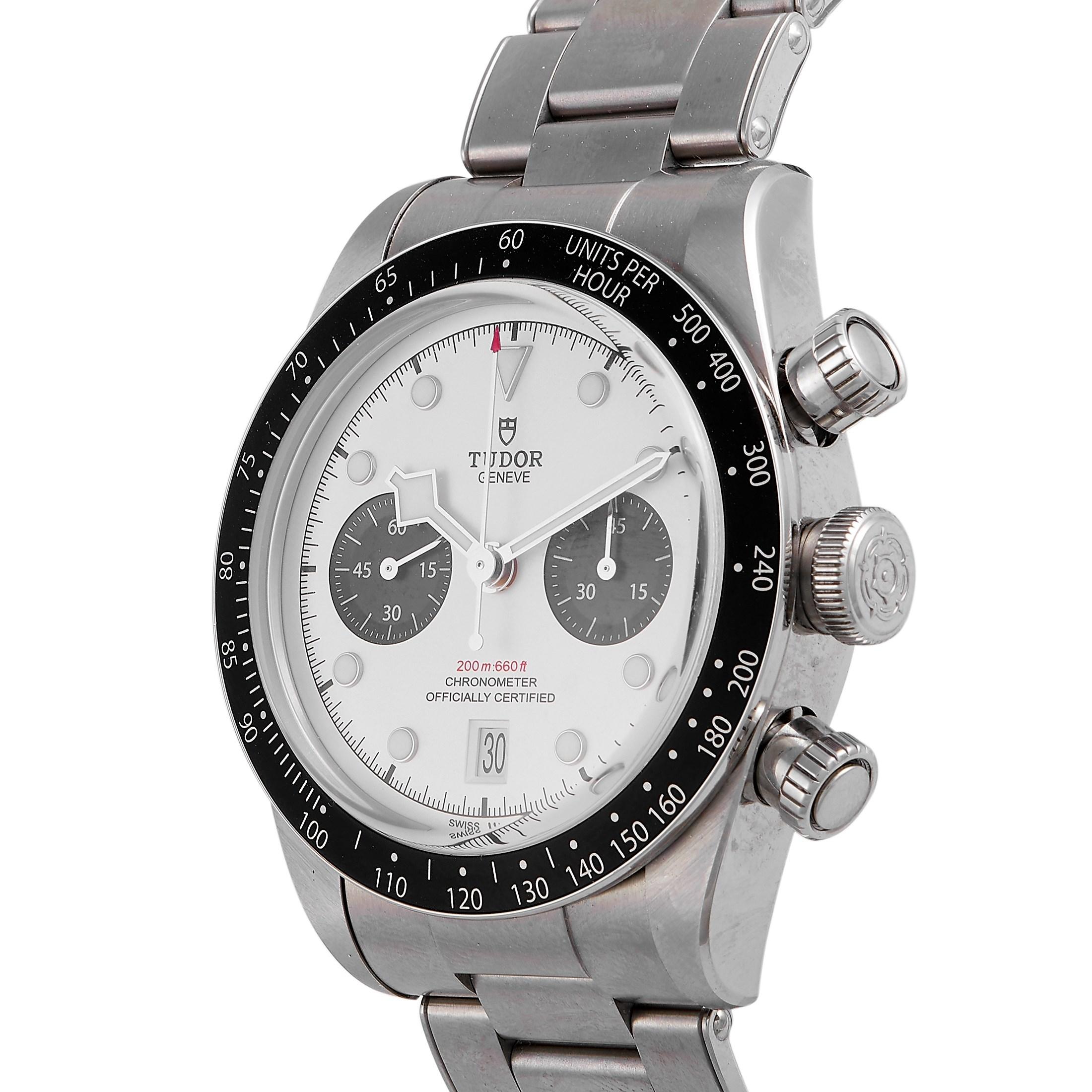 Neat, fashionable, and versatile, the Tudor Black Bay Panda Chronograph Watch M79360N-0002 is a worthy addition to any watch collection. This timepiece features a polished steel case with a classy 