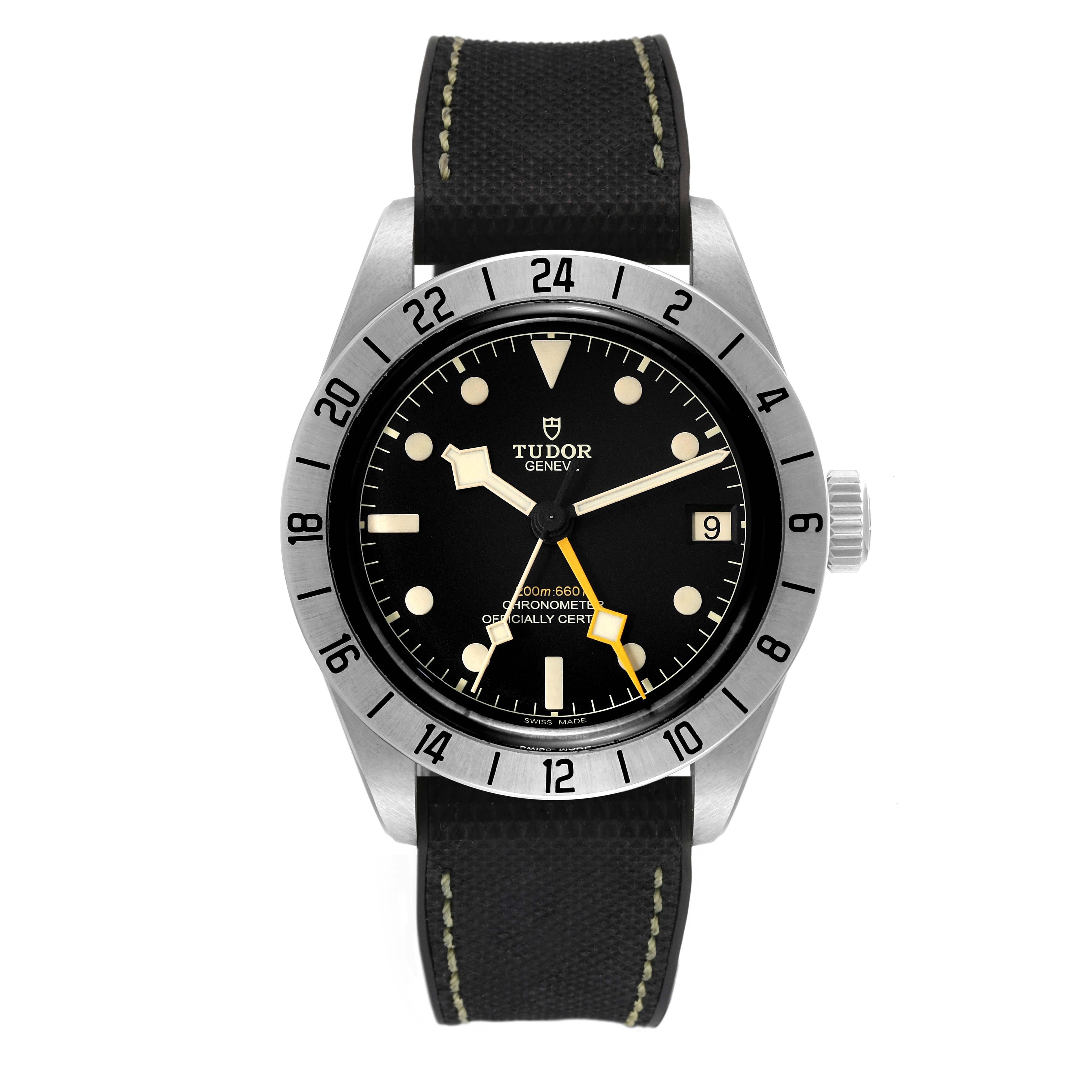 Tudor Black Bay Pro GMT Orange Hand Steel Mens Watch M79470 Unworn. Automatic self-winding movement. Stainless steel case 39.0 mm in diameter. Tudor logo on the crown. Stainless steel 24 hour graduated bezel with satin finish. Scratch resistant