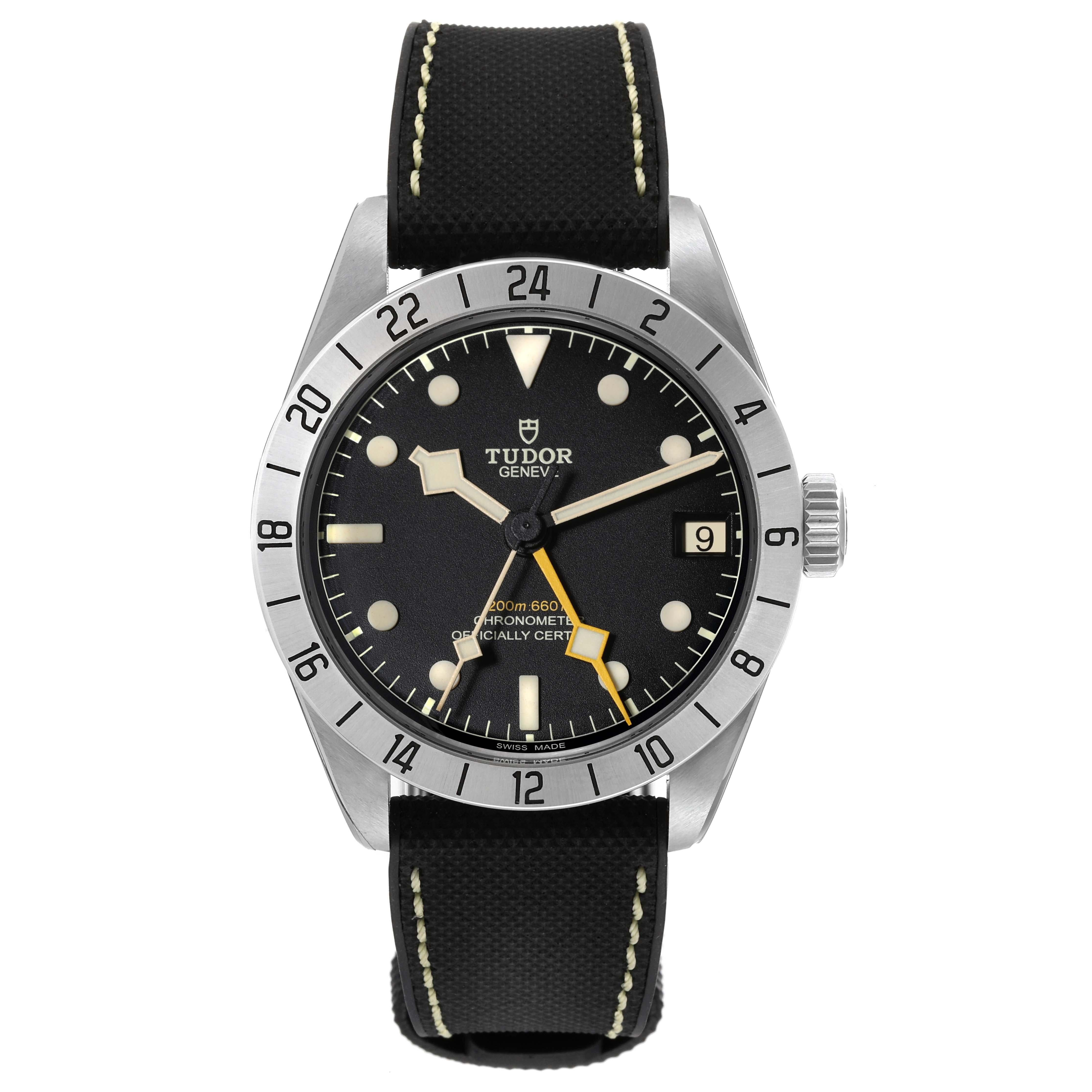 Tudor Black Bay Pro GMT Orange Hand Steel Mens Watch M79470 Unworn. Automatic self-winding movement. Stainless steel case 39.0 mm in diameter. Tudor logo on the crown. Stainless steel 24 hour graduated bezel with satin finish. Scratch resistant