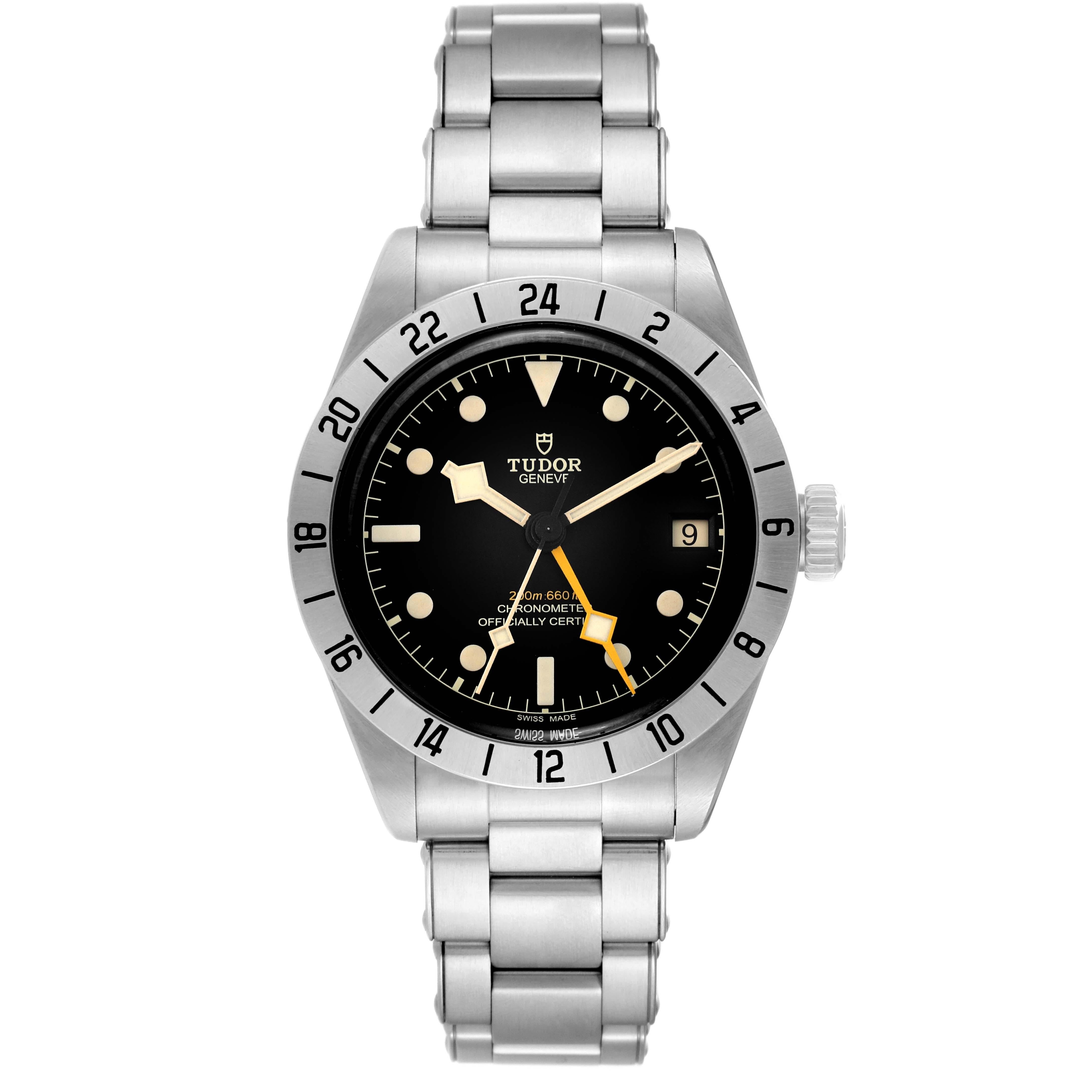 Tudor Black Bay Pro GMT Stainless Steel Mens Watch M79470 Box Card. Automatic self-winding movement. Stainless steel case 39.0 mm in diameter. Tudor logo on the crown. Stainless steel 24 hour graduated bezel with satin finish. Scratch resistant