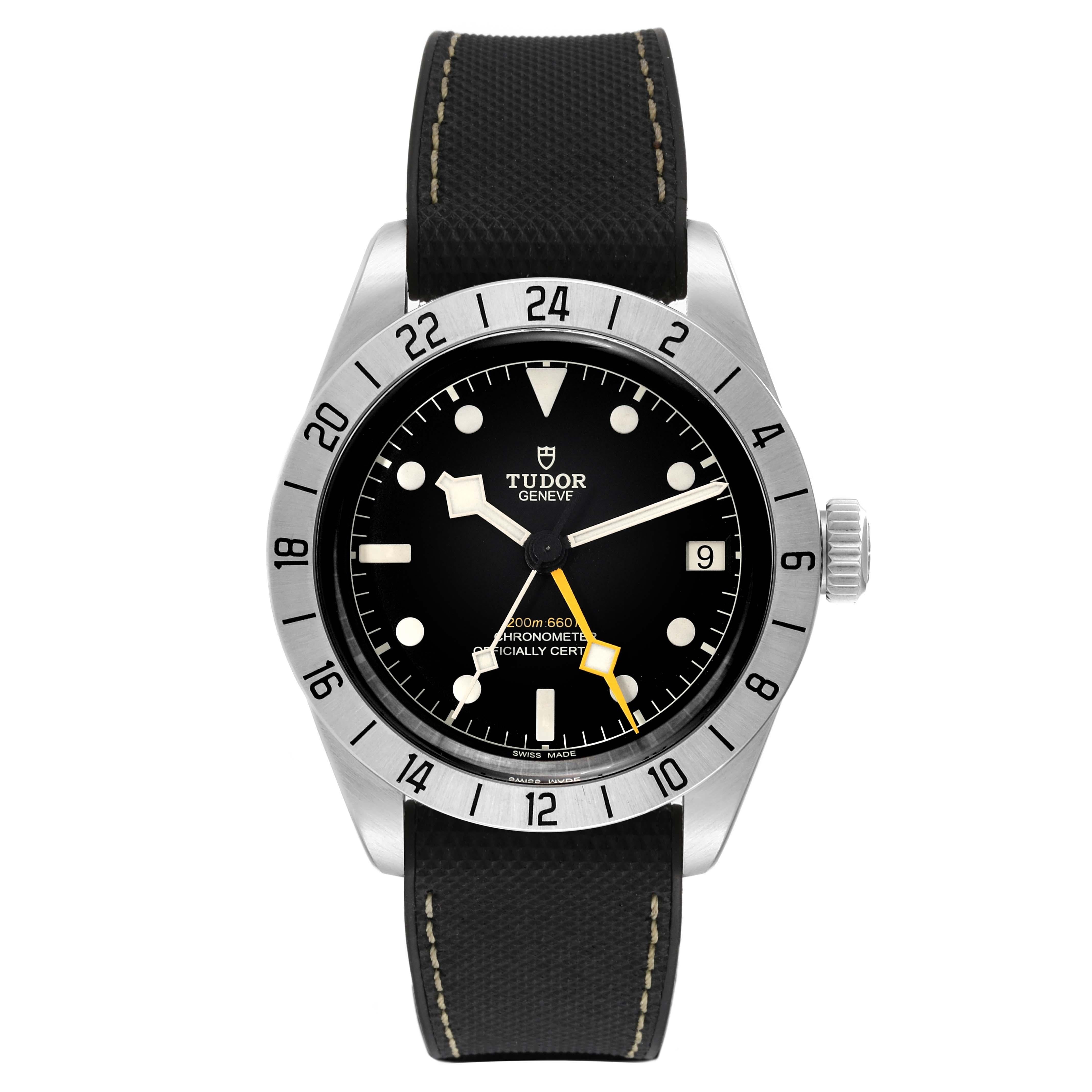 Tudor Black Bay Pro GMT Steel Mens Watch M79470 Box Card. Automatic self-winding movement. Stainless steel case 39.0 mm in diameter. Stainless steel 24 hour graduated bezel with satin finish. Scratch resistant sapphire crystal. Black dial with
