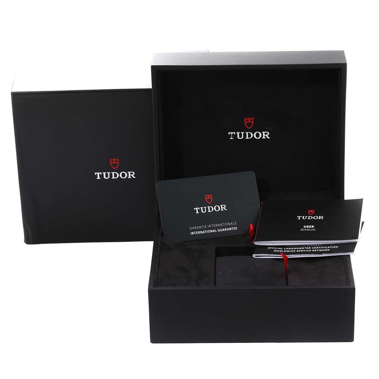 Tudor Black Bay Pro GMT Steel Mens Watch M79470 Box Card. Automatic self-winding movement. Stainless steel case 39.0 mm in diameter. Stainless steel 24 hour graduated bezel with satin finish. Scratch resistant sapphire crystal. Black dial with