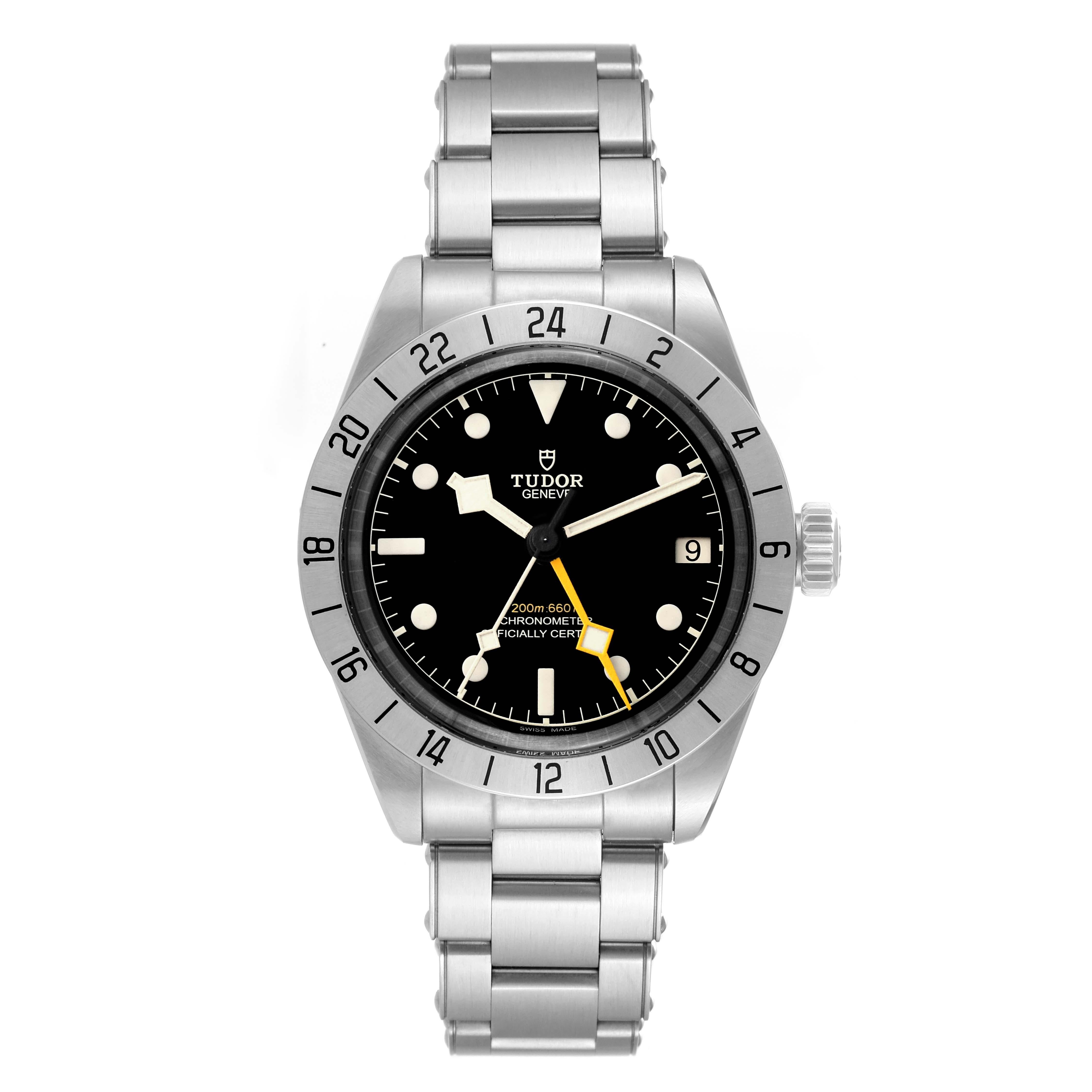 Tudor Black Bay Pro GMT Steel Mens Watch M79470 Unworn. Automatic self-winding movement. Stainless steel case 39.0 mm in diameter. Stainless steel 24 hour graduated bezel with satin finish. Scratch resistant sapphire crystal. Black dial with