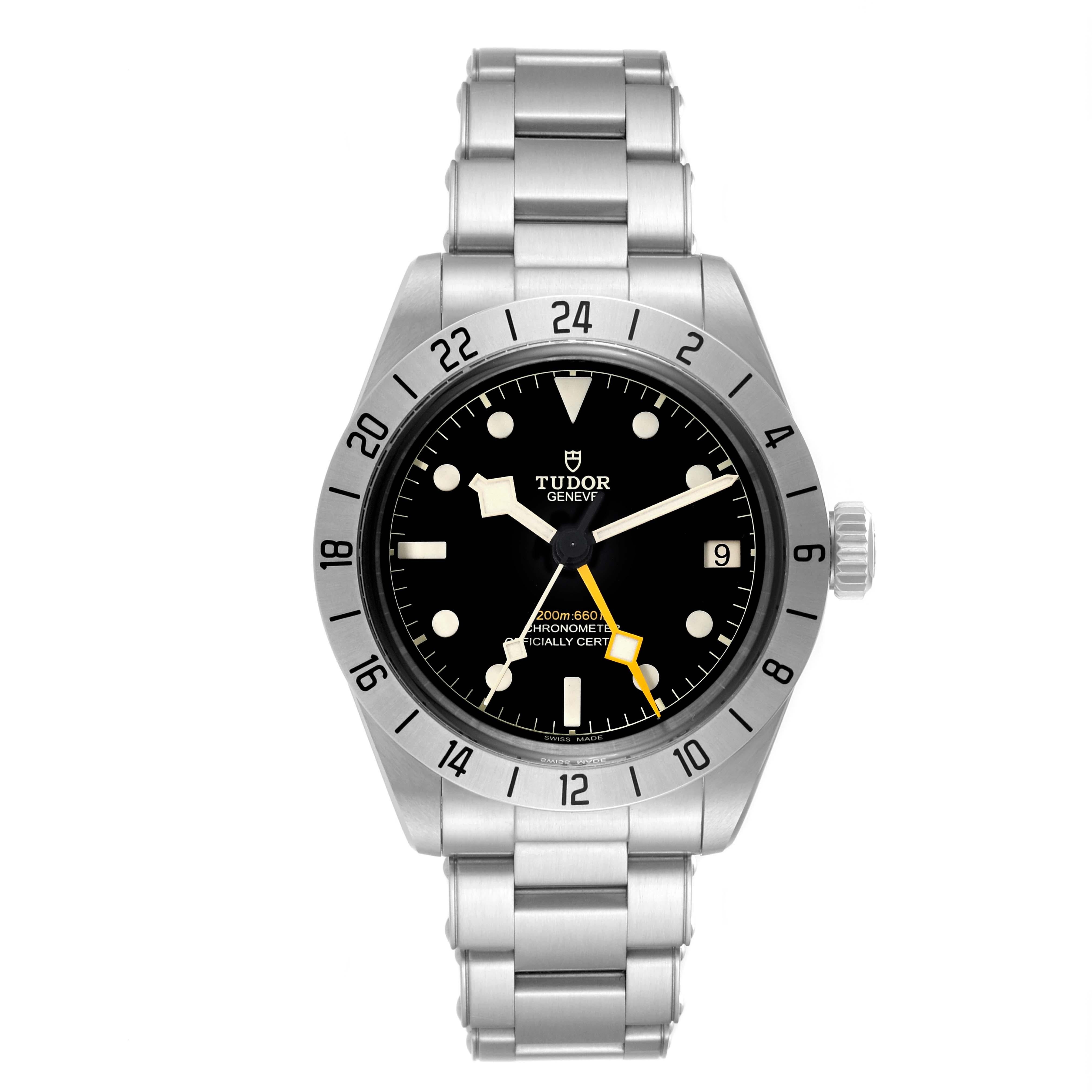 Tudor Black Bay Pro GMT Steel Mens Watch M79470 Unworn. Automatic self-winding movement. Stainless steel case 39.0 mm in diameter. Stainless steel 24 hour graduated bezel with satin finish. Scratch resistant sapphire crystal. Black dial with