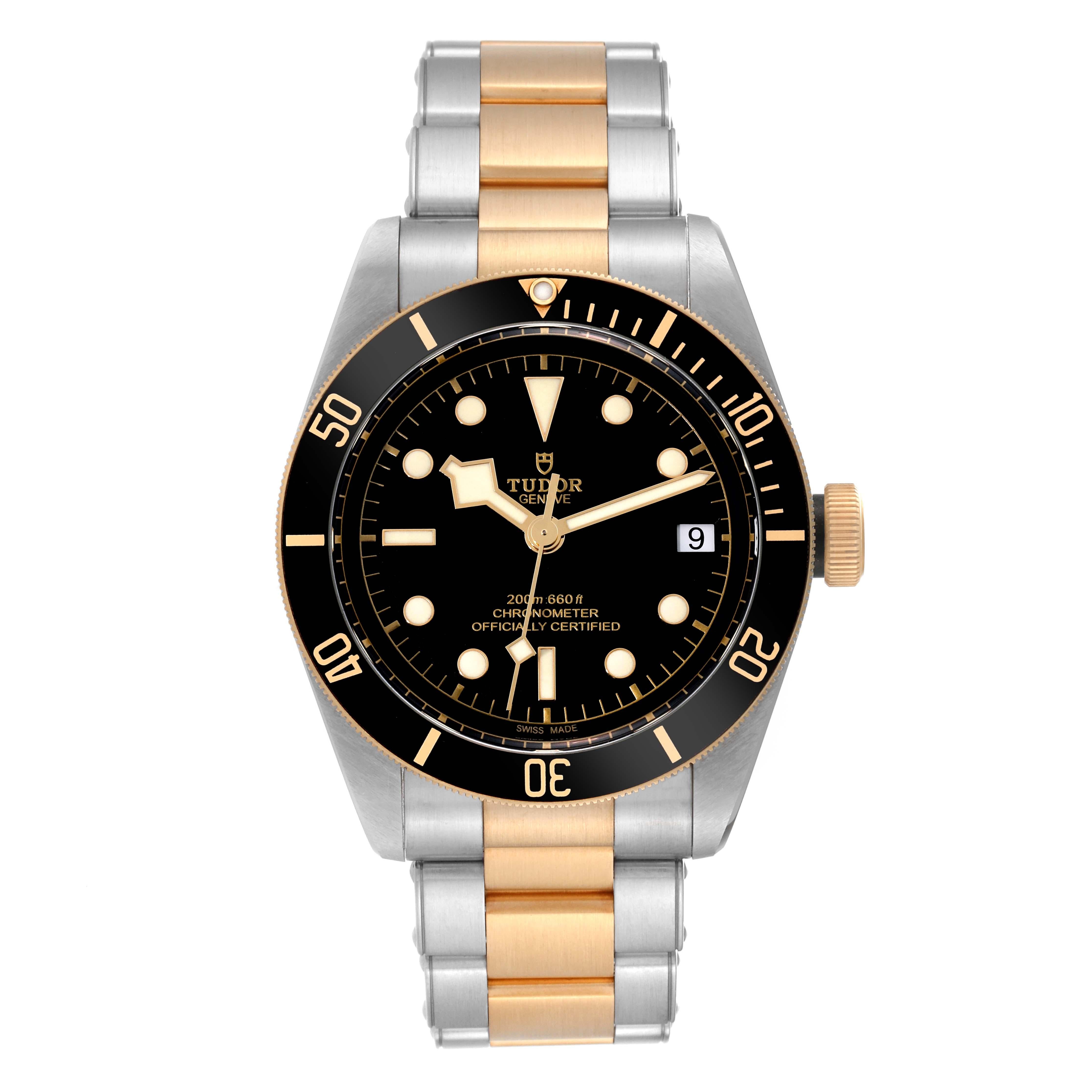 Tudor Black Bay Steel Yellow Gold Black Dial Mens Watch 79733 Box Card In Excellent Condition For Sale In Atlanta, GA