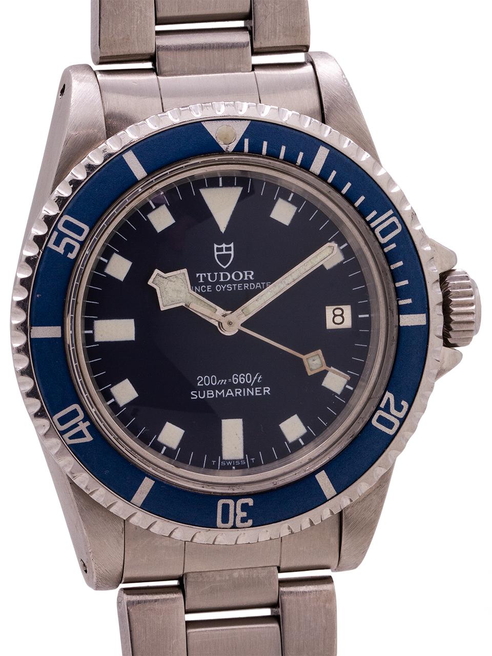 
Tudor blue dial “Snowflake” Submariner with date ref# 94110, serial number 953,xxx , circa 1981. Extremely nice condition example with beautiful original dark blue dial with fully intact original square luminous indexes and original “snowflake”