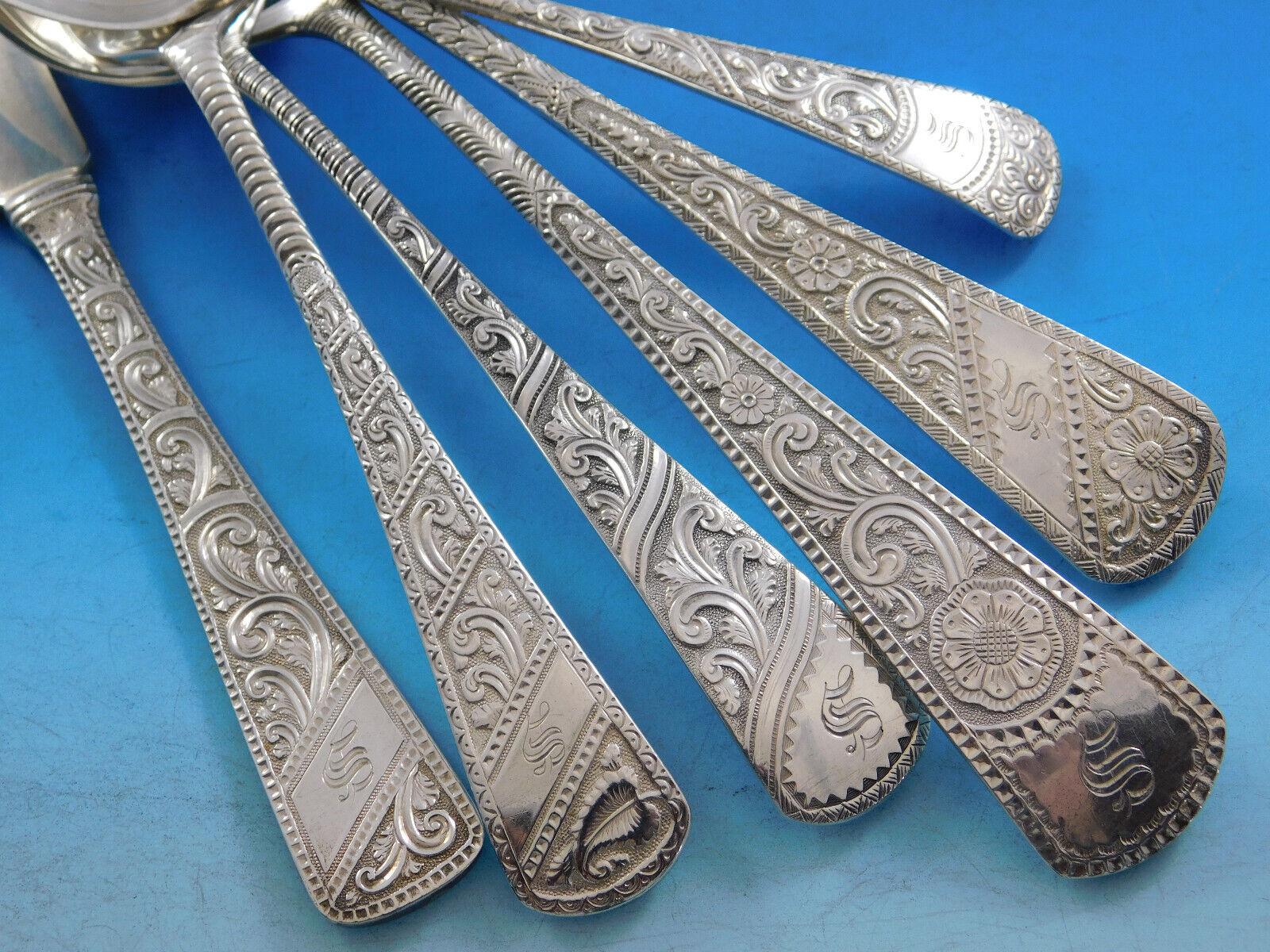 Exceedingly rare Tudor by Gorham c1880 sterling silver flatware set - 72 Pieces. This multi-motif pattern is beautifully hand engraved with varying floral and rococo designs. This set includes:
12 Knives, flat handle all-sterling, 8 1/4