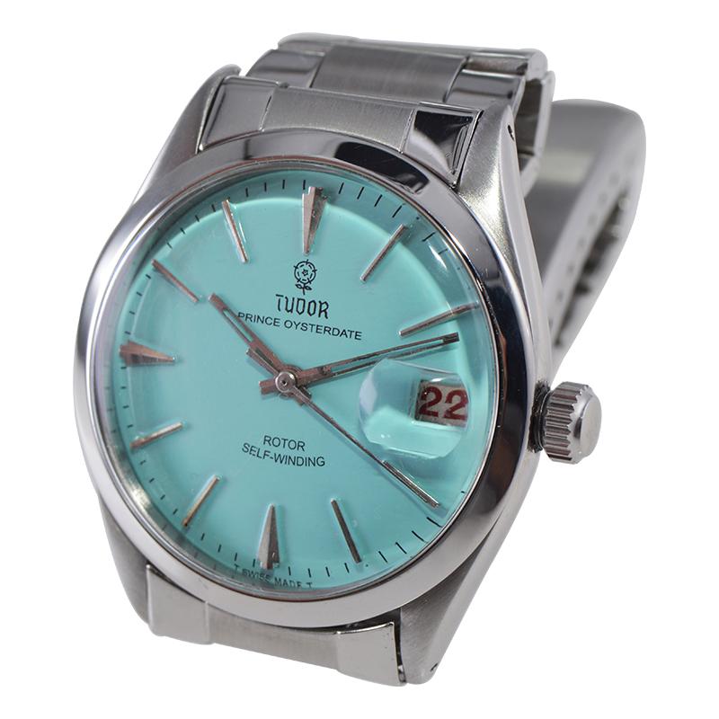Tudor by Rolex in Stainless Steel with Custom Tiffany Blue Dial from 1970's In Excellent Condition For Sale In Long Beach, CA