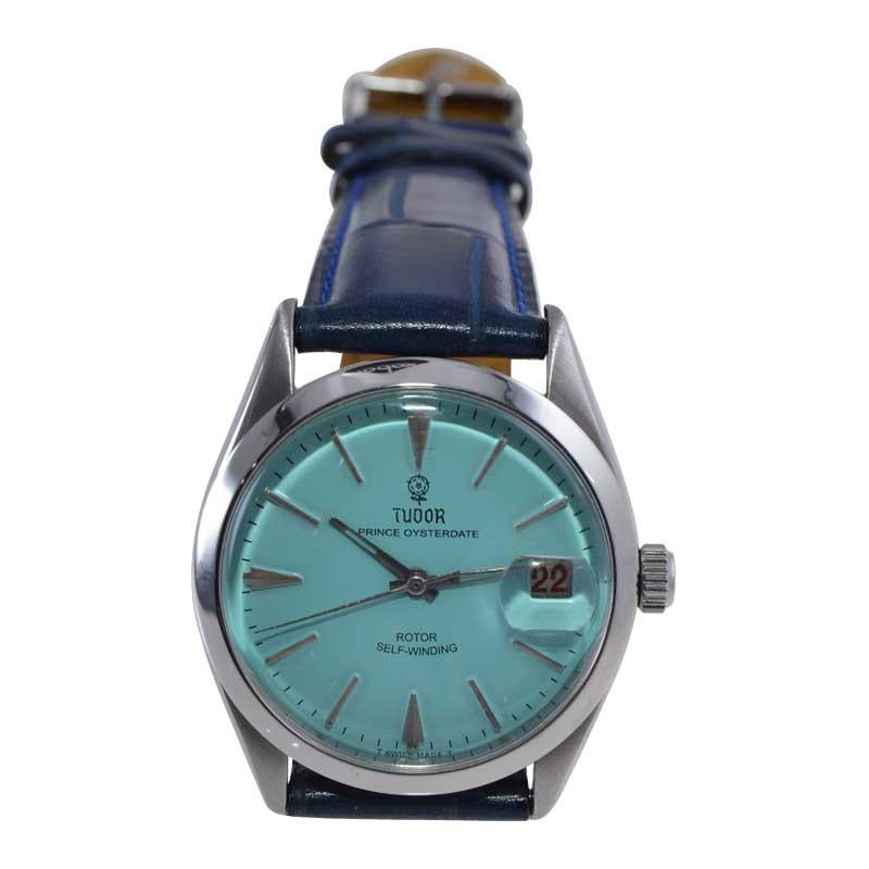 Tudor par Rolex en acier inoxydable avec cadran bleu Tiffany personnalisé, années 1970 en vente 2