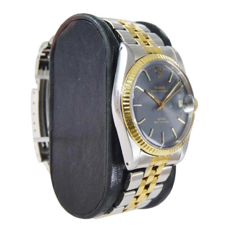 Tudor by Rolex Two Tone Prince Oysterdate Rare Charcoal Original Dial 1960's In Excellent Condition For Sale In Long Beach, CA