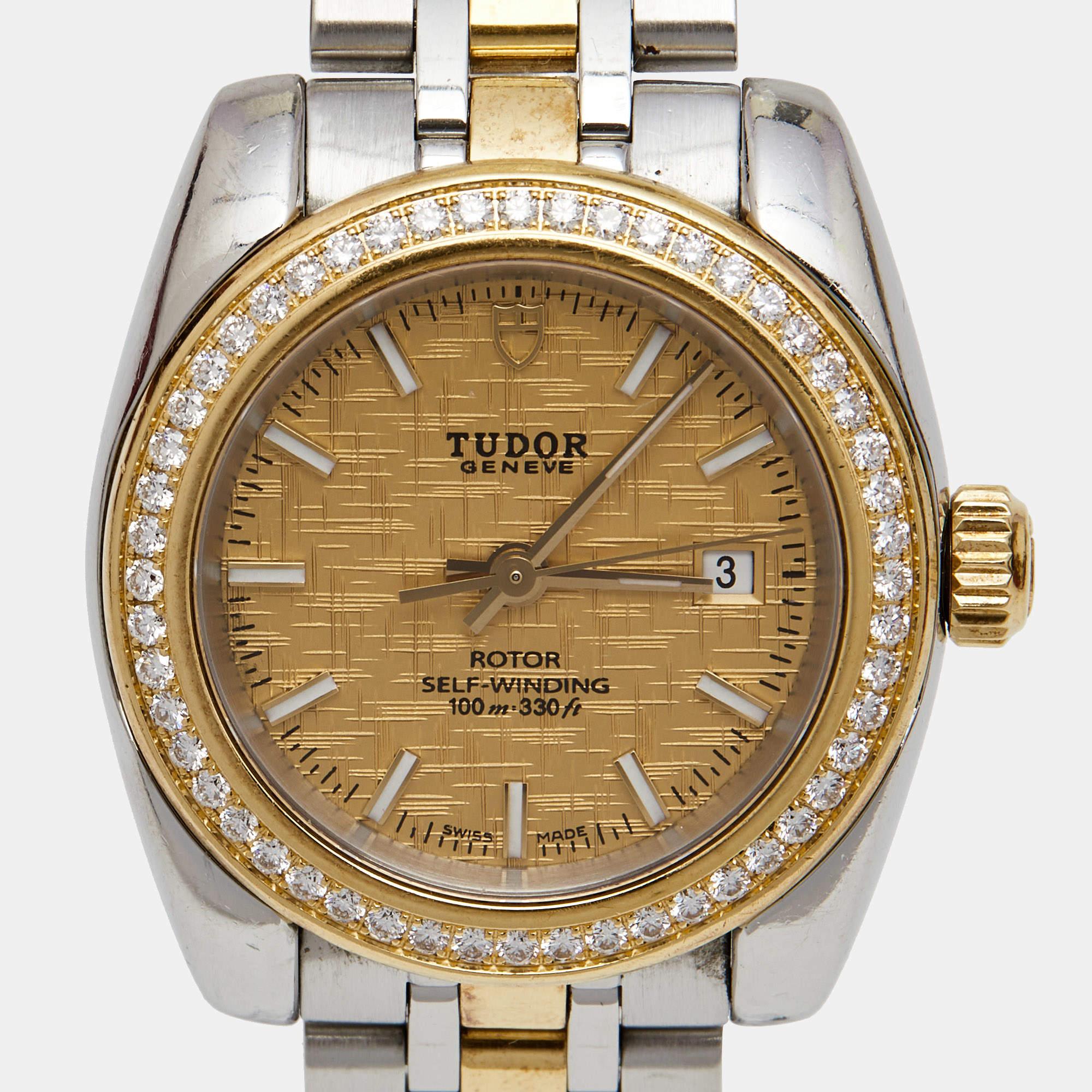 Tudor Champagne 18K Yellow Gold Stainless Steel Classic Date 22023-0012 Women's  1