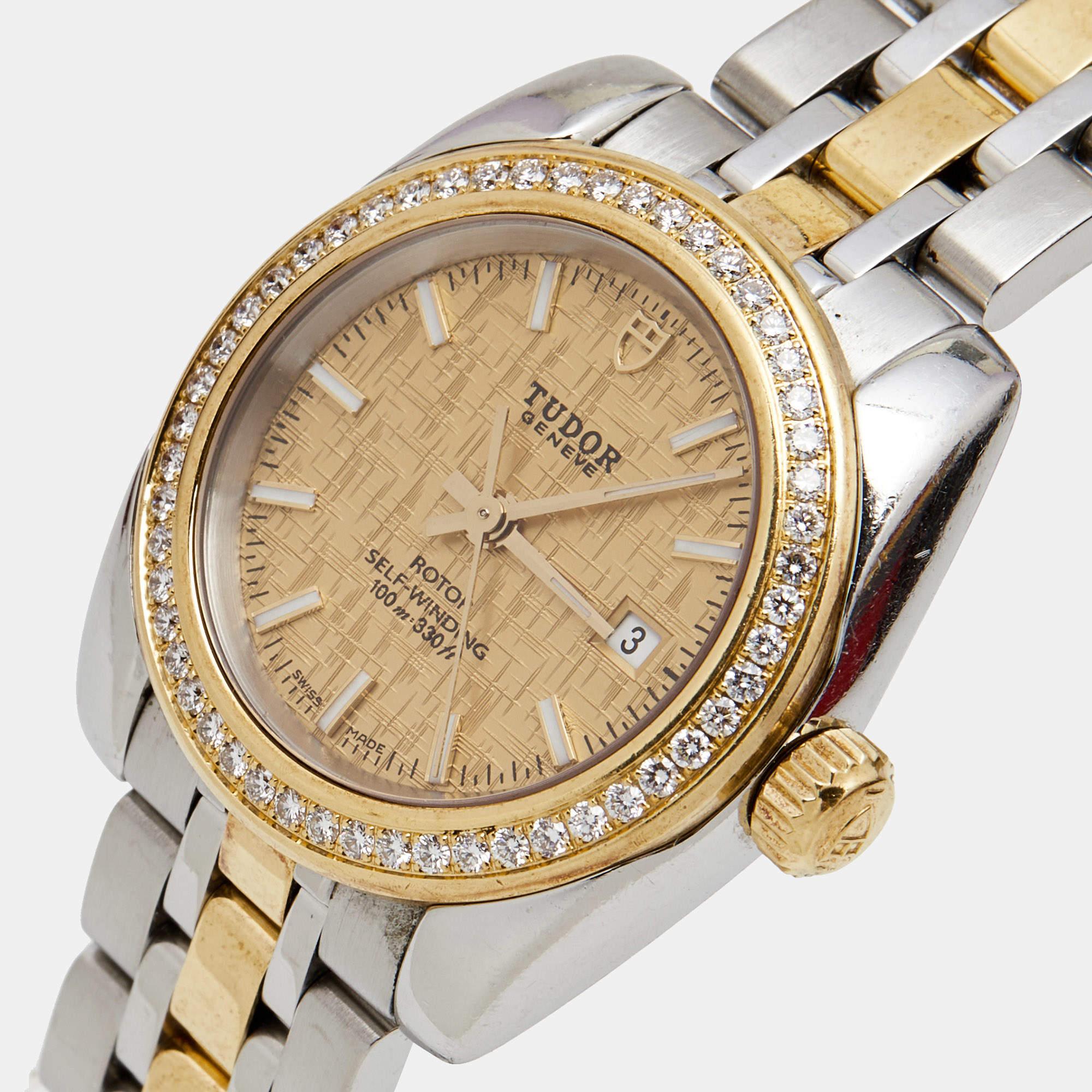 Tudor Champagne 18K Yellow Gold Stainless Steel Classic Date 22023-0012 Women's  For Sale 2