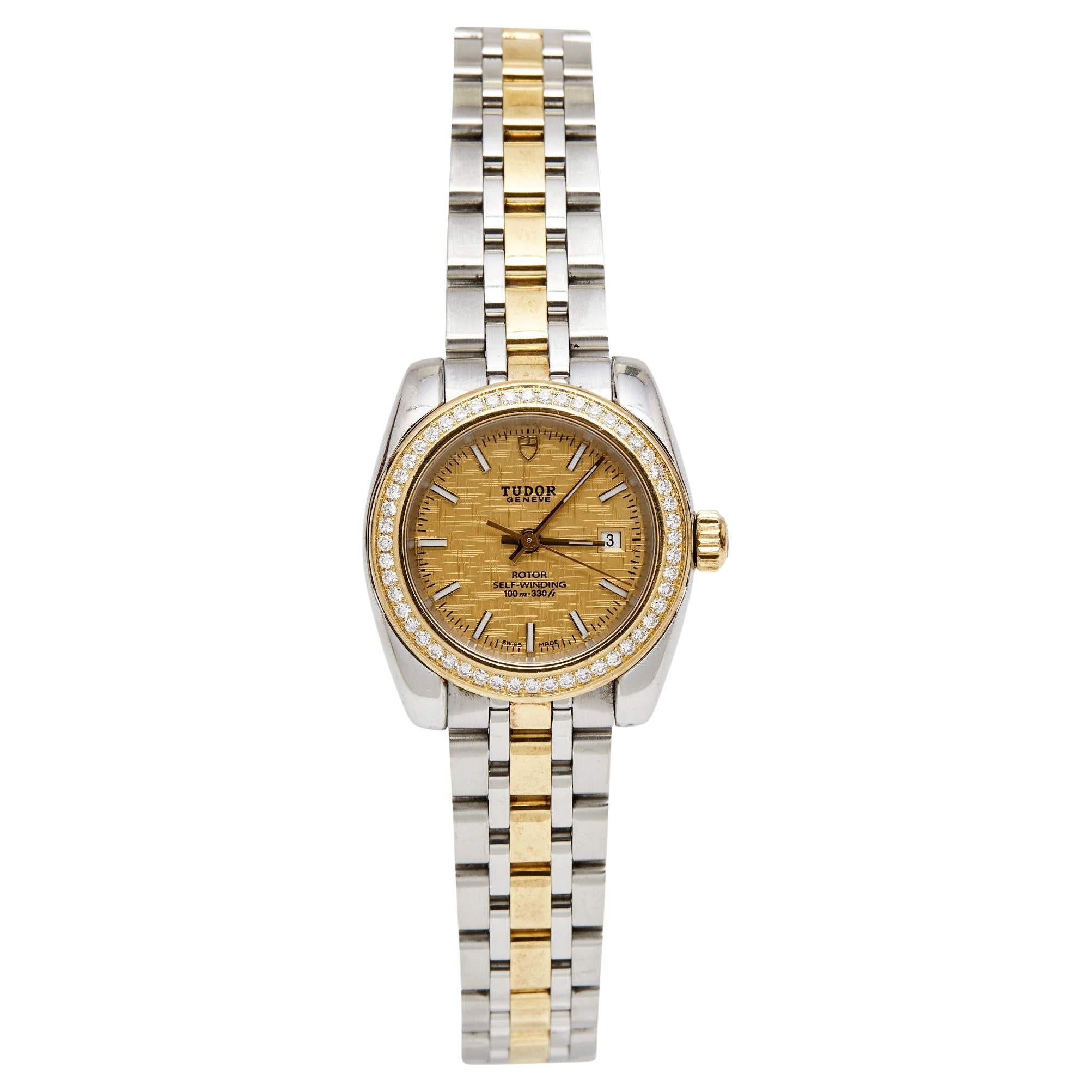 Tudor Champagne 18K Yellow Gold Stainless Steel Classic Date 22023-0012 Women's 