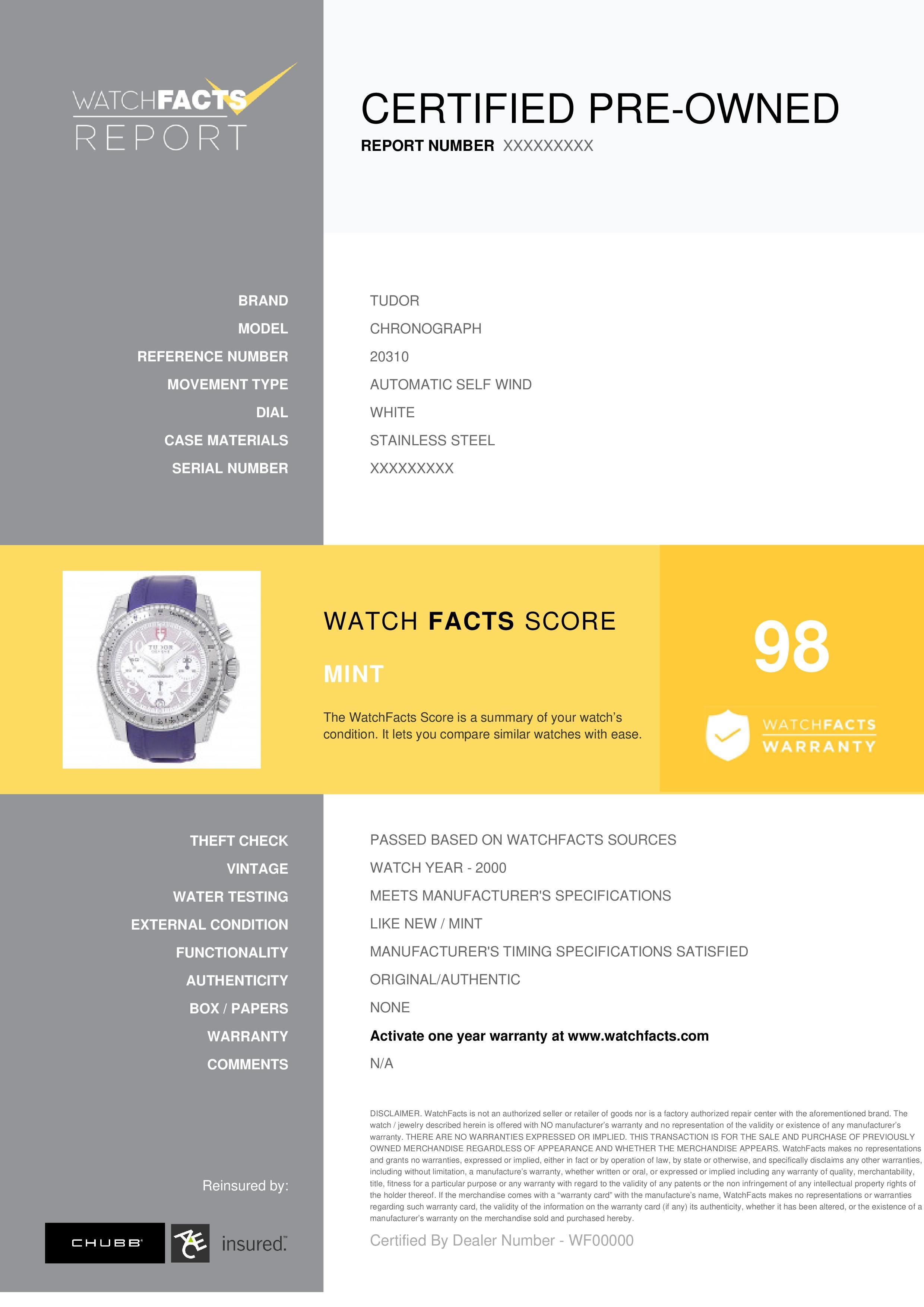 Tudor Chronograph Reference #: 20310. Womens Automatic Self Wind Watch Stainless Steel White 41 MM. Verified and Certified by WatchFacts. 1 year warranty offered by WatchFacts.
