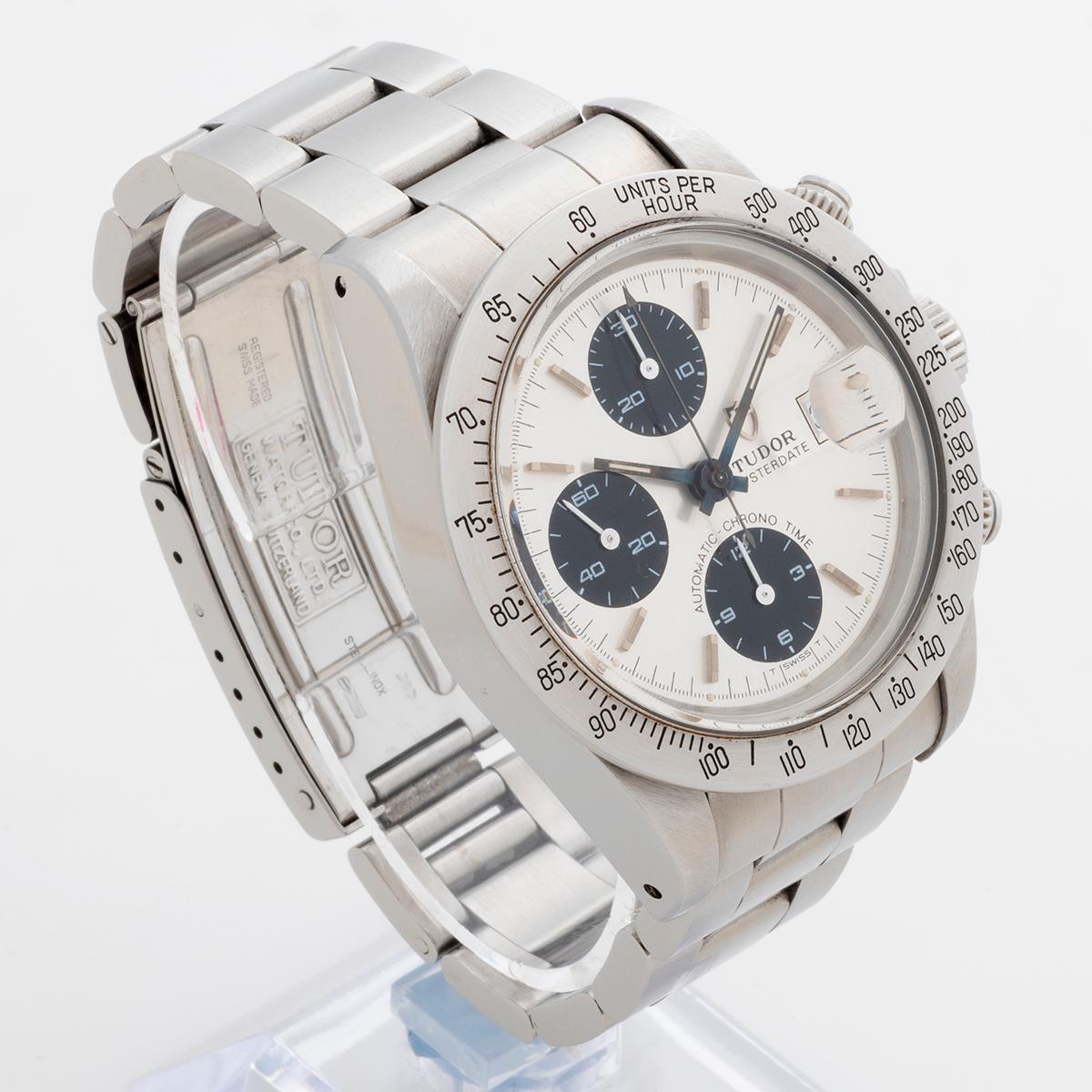 Our rare and collectible Tudor Chronograph reference 79180 is also known as the Big Block; one of the last Tudor/ Rolex with Plexiglass, giving the look of a vintage Daytona with the benefit of a date. We date our example to c1991 with a B****