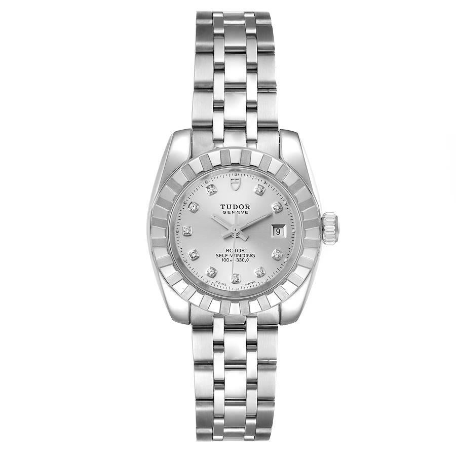 Tudor Classic Date Stainless Steel Diamond Ladies Watch 22010 Unworn. Automatic self-winding movement. Stainless steel round case 28.0 mm in diameter. Tudor logo on a crown. Stainless steel  bezel. Scratch resistant sapphire crystal. Silver dial