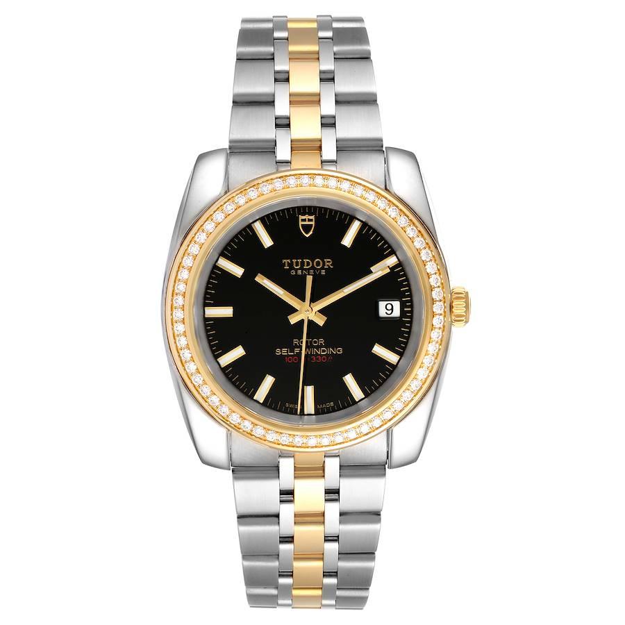 Tudor Classic Date Steel Yellow Gold Diamond Mens Watch 21023 Unworn. Automatic self-winding movement. Stainless steel and yellow gold round case 38.0 mm in diameter. Tudor logo on a crown. Original Tudor factory diamond bezel. Scratch resistant