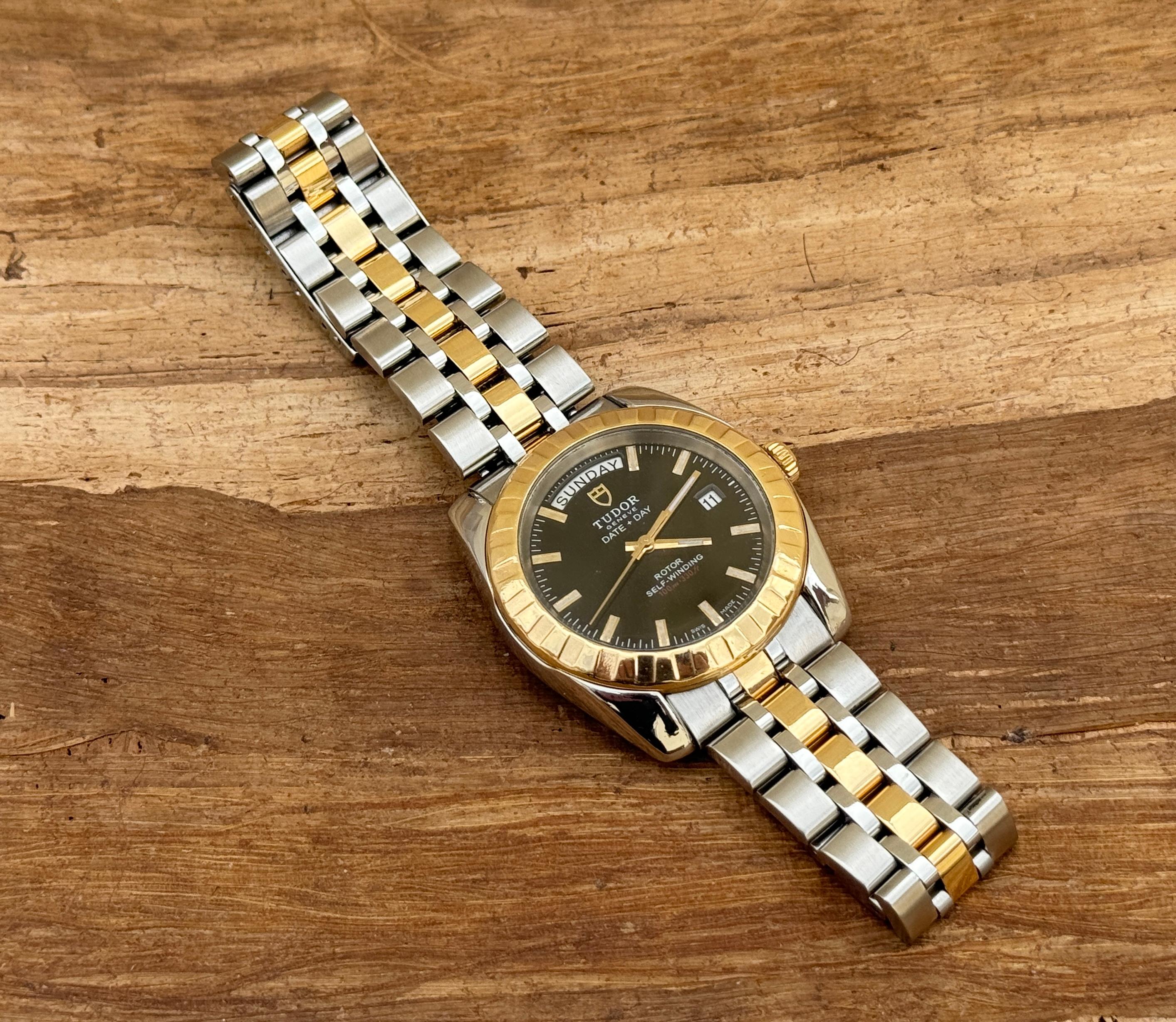 Brand: Tudor

Model: Classic Day Date

Reference Number: 23013

Country Of Manufacture: Switzerland

Movement: Automatic

Case Material: Gold/Steel

Measurements : 40 mm. (without crown)

Band Type : Gold/Steel

Band Condition : In Excellent