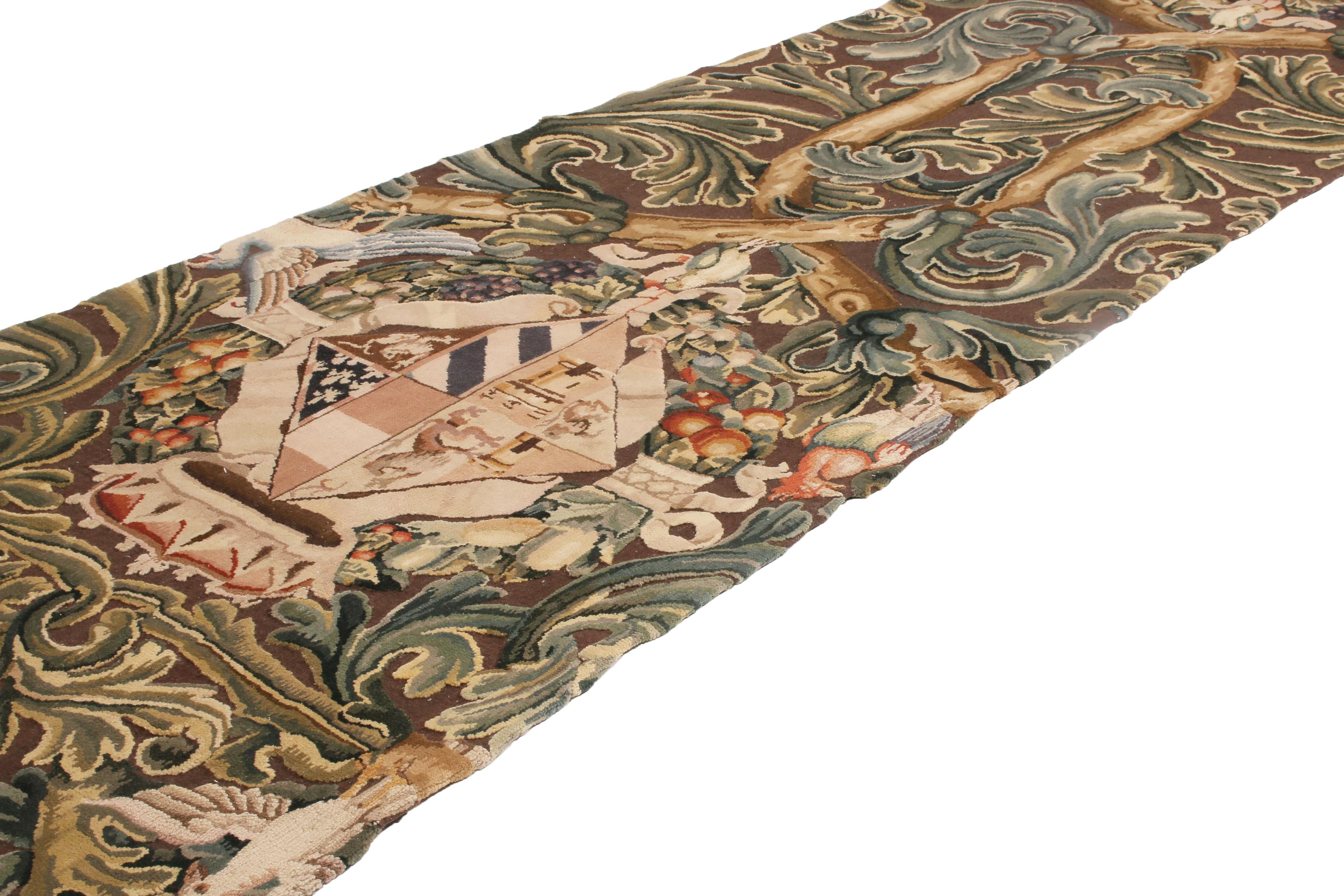 Originating from China, this hand knotted floral runner was inspired by antique and vintage Tudor floral designs, embracing a borderless, all over field design with sweapping curvilinear green floral garlands against a neoclassical brown background;