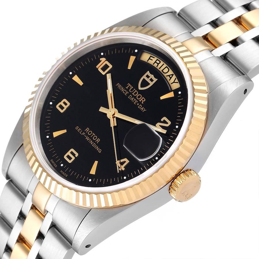 Tudor Day Date Schwarzes Zifferblatt Stahl Gelbgold Herrenuhr 76213 Ungetragen im Angebot 2
