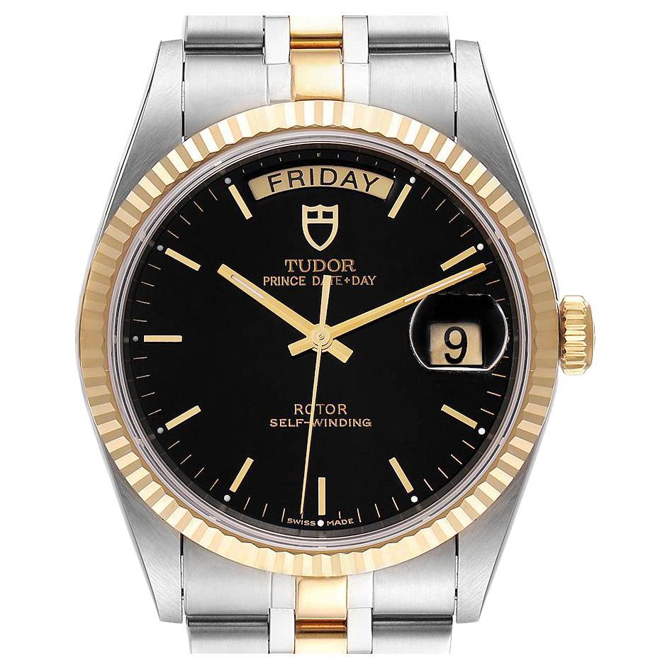 Tudor Day Date Black Dial Steel Yellow Gold Mens Watch 76213 Unworn For Sale