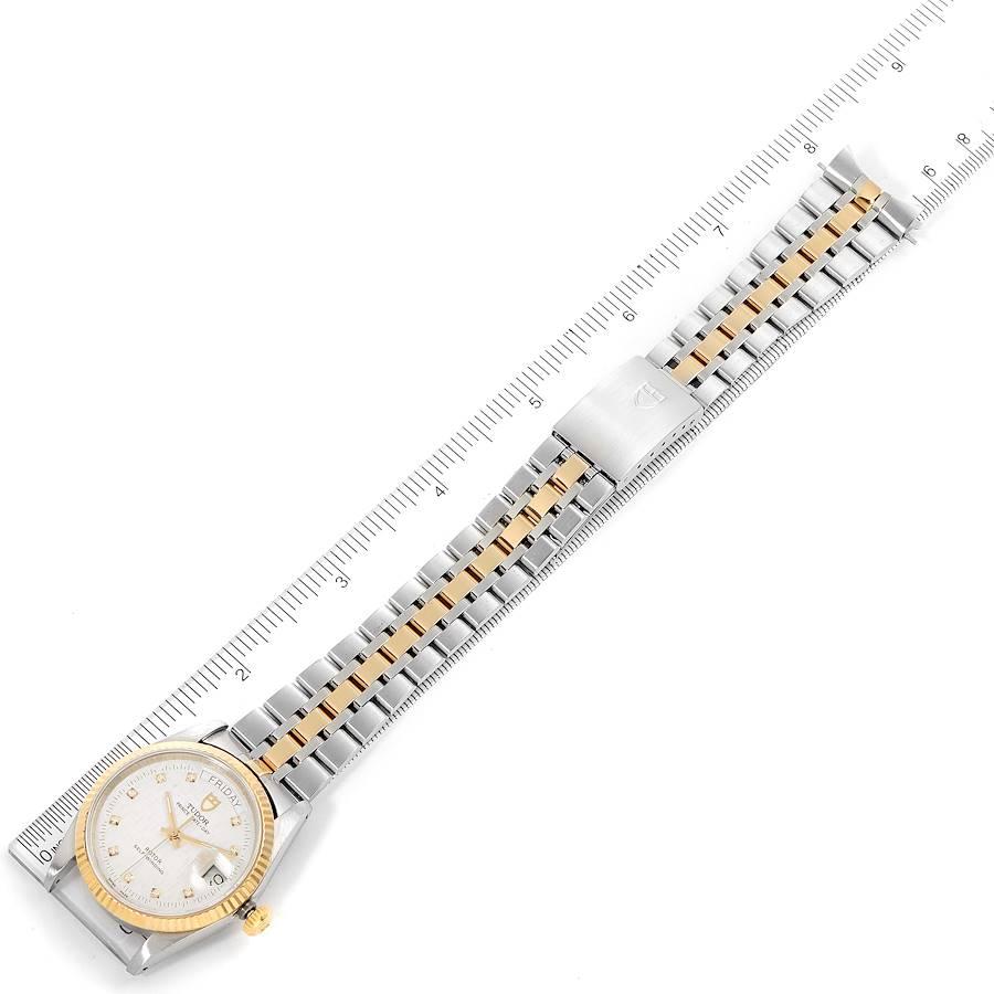 Tudor Day Date Linen Dial Steel Yellow Gold Diamond Watch 76213 Box Papers For Sale 3