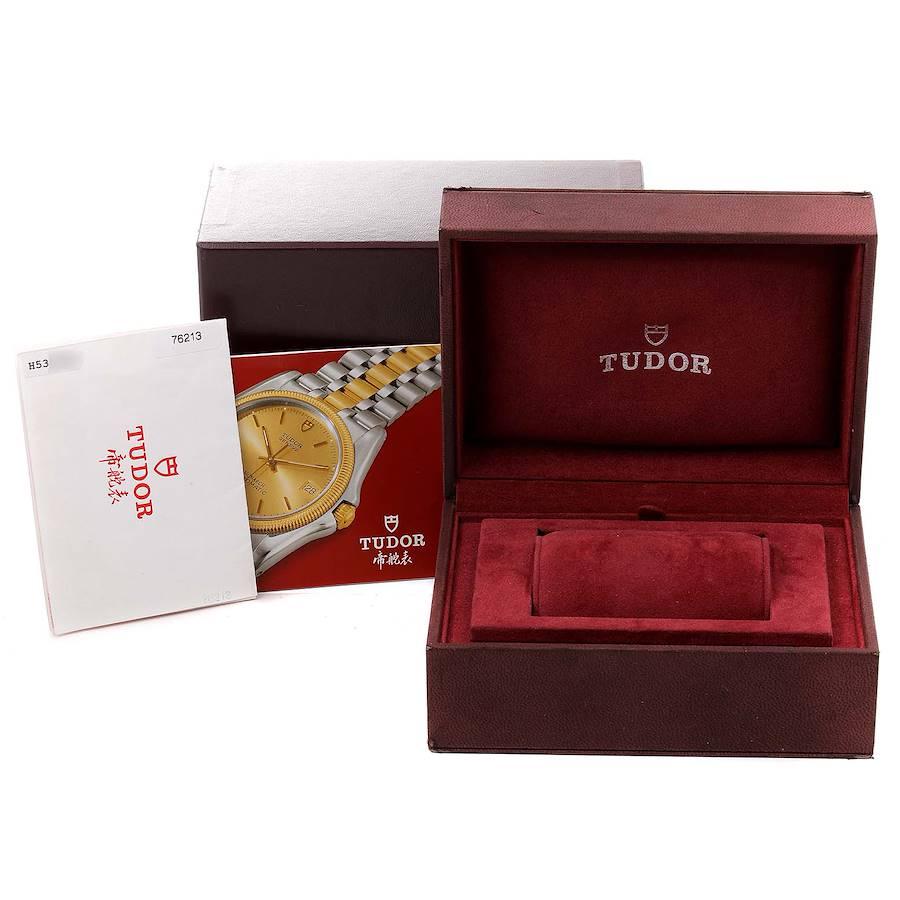 Tudor Day Date Linen Dial Steel Yellow Gold Diamond Watch 76213 Box Papers For Sale 5