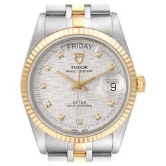 Tudor Day Date Linen Dial Steel Yellow Gold Diamond Watch 76213 Box Papers