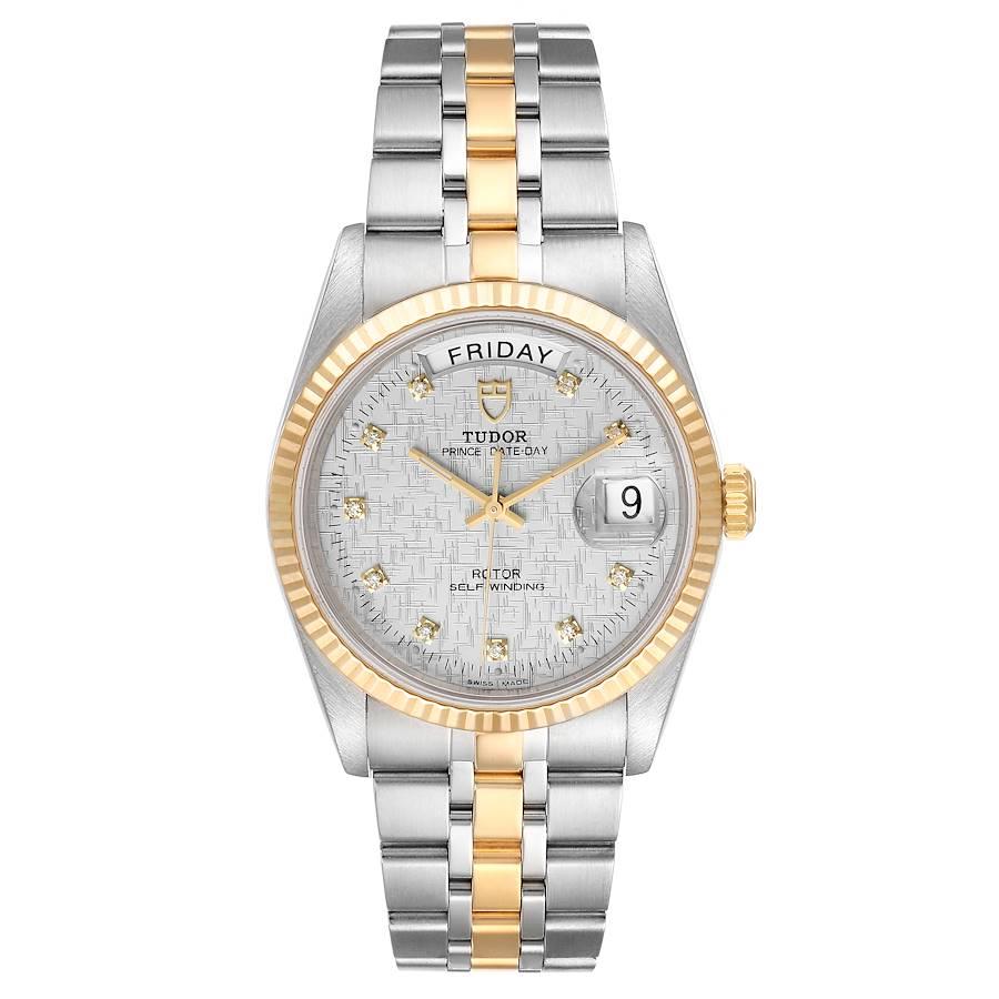 Tudor Day Date Linen Dial Steel Yellow Gold Diamond Watch 76213 Unworn. Automatic self-winding movement. Stainless steel round case 36.0 mm in diameter. 18k yellow gold fluted bezel. Scratch resistant sapphire crystal. Silver textured dial with