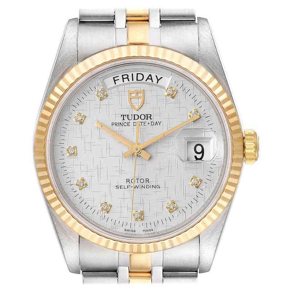 Tudor Day Date Linen Dial Steel Yellow Gold Diamond Watch 76213 Unworn For Sale