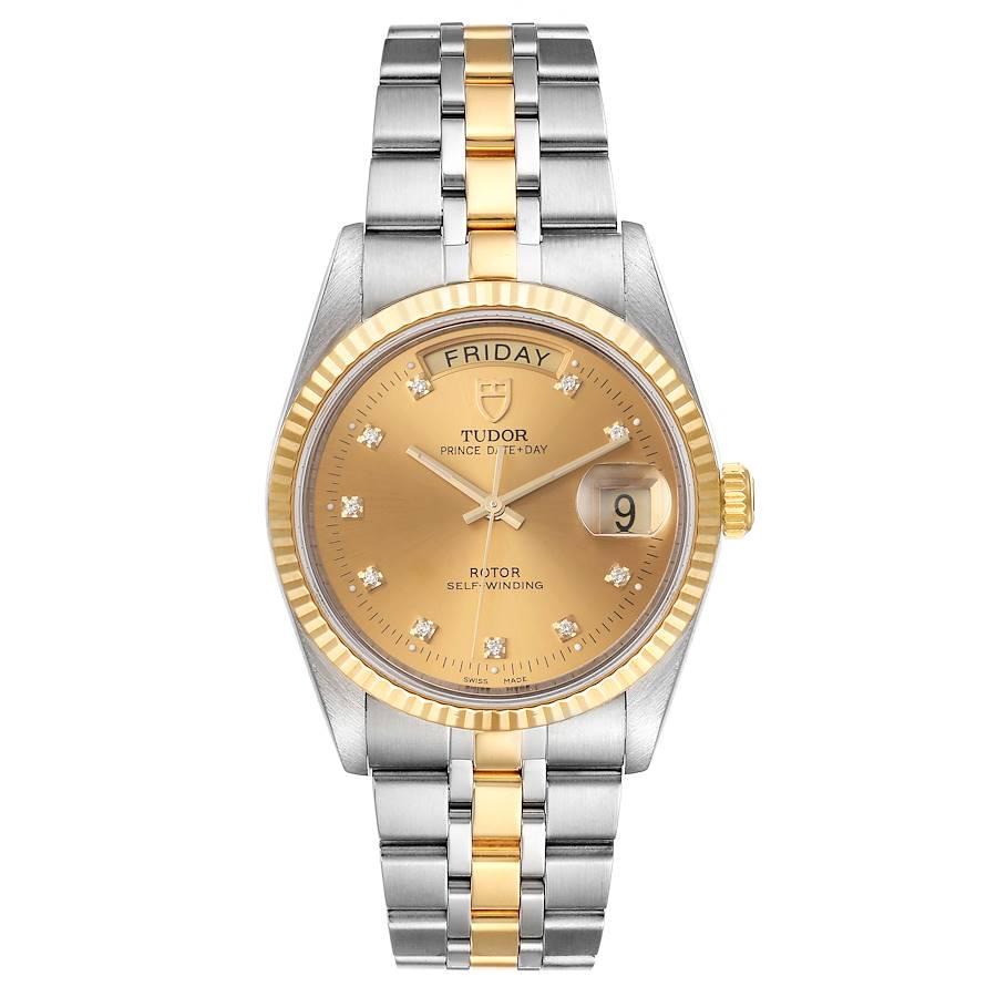 Tudor Day Date Steel Yellow Gold Champagne Diamond Dial Watch 76213 Unworn. Automatic self-winding movement. Stainless steel round case 36.0 mm in diameter. 18k yellow gold fluted bezel. Scratch resistant sapphire crystal. Champagne dial with