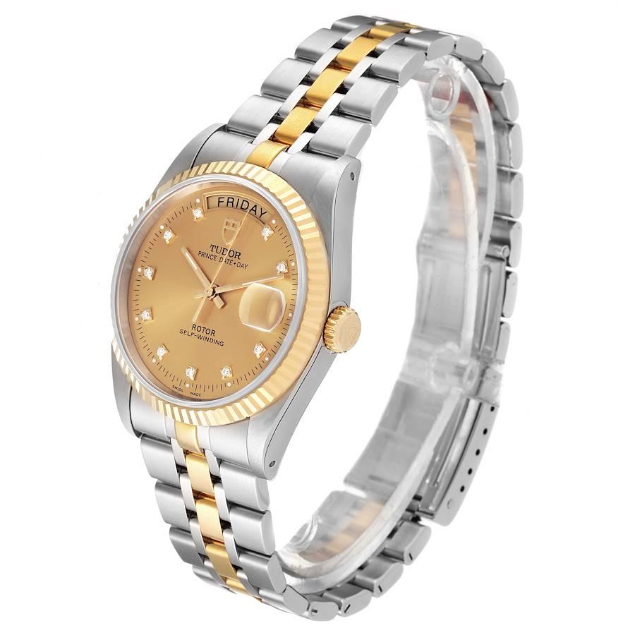 Men's Tudor Day Date Steel Yellow Gold Champagne Diamond Dial Watch 76213 Unworn For Sale