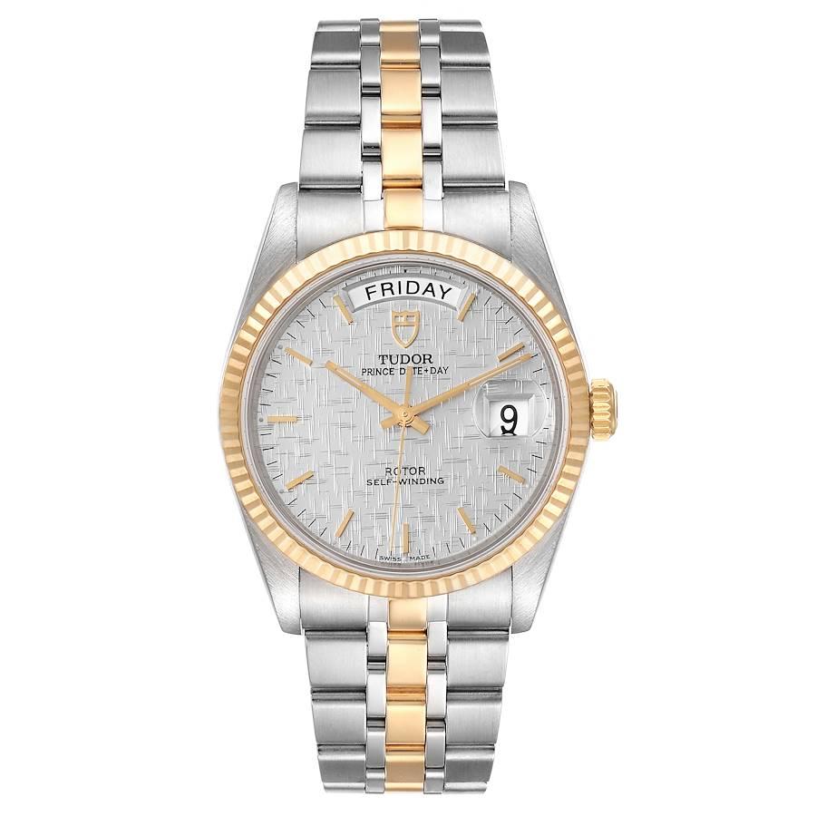 Tudor Day Date Steel Yellow Gold Silver Dial Mens Watch 76213 Unworn. Automatic self-winding movement. Stainless steel round case 36.0 mm in diameter. 18k yellow gold fluted bezel. Scratch resistant sapphire crystal. Silver textured dial with raised